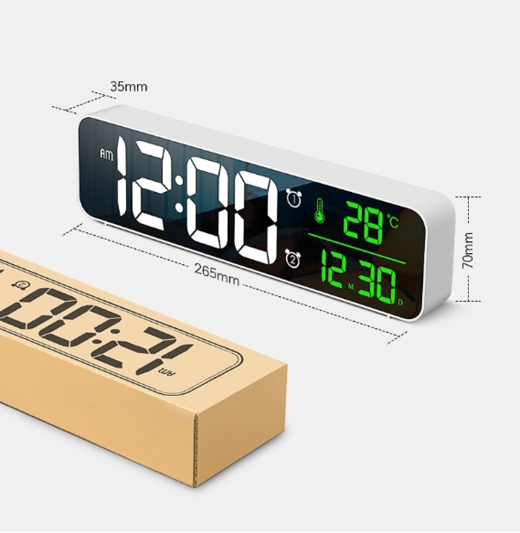 Weißer Digitalwecker zeigt 12:00 AM, 28°C und 12:30 PM.