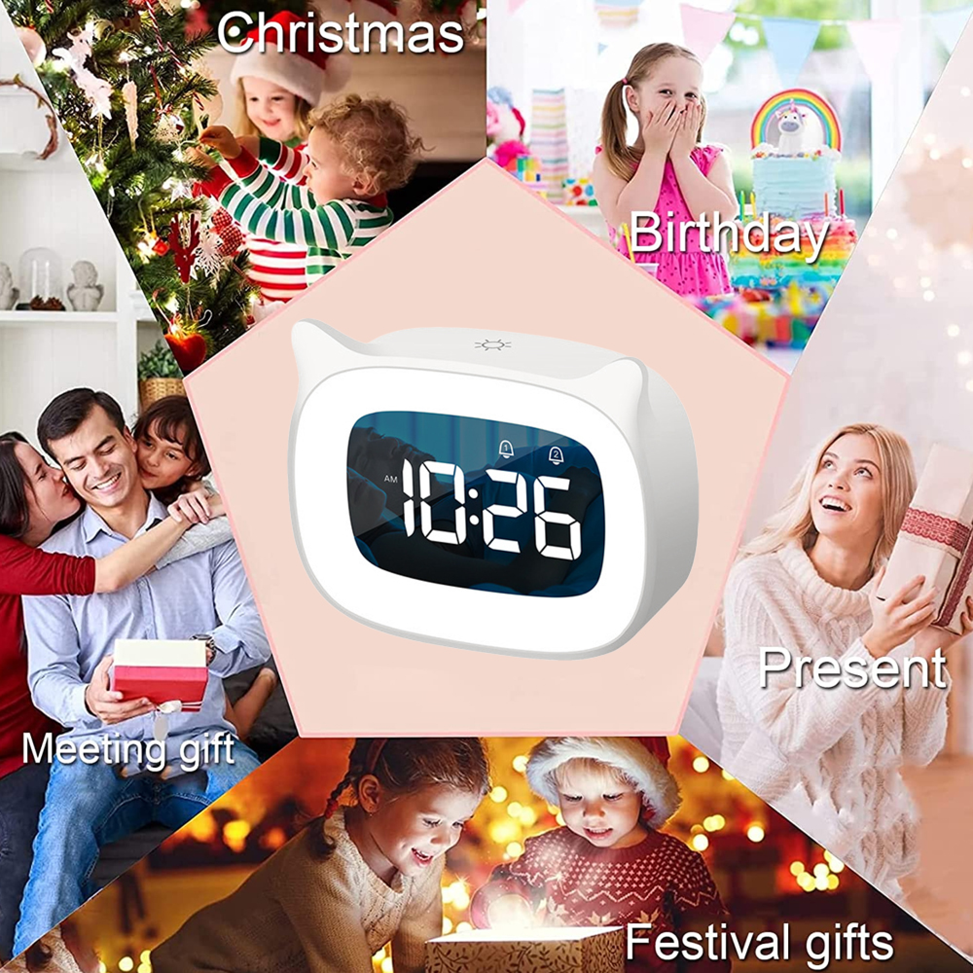 Collage mit Familienaktivitäten: Weihnachten, Geburtstag, Geschenk, Festival.