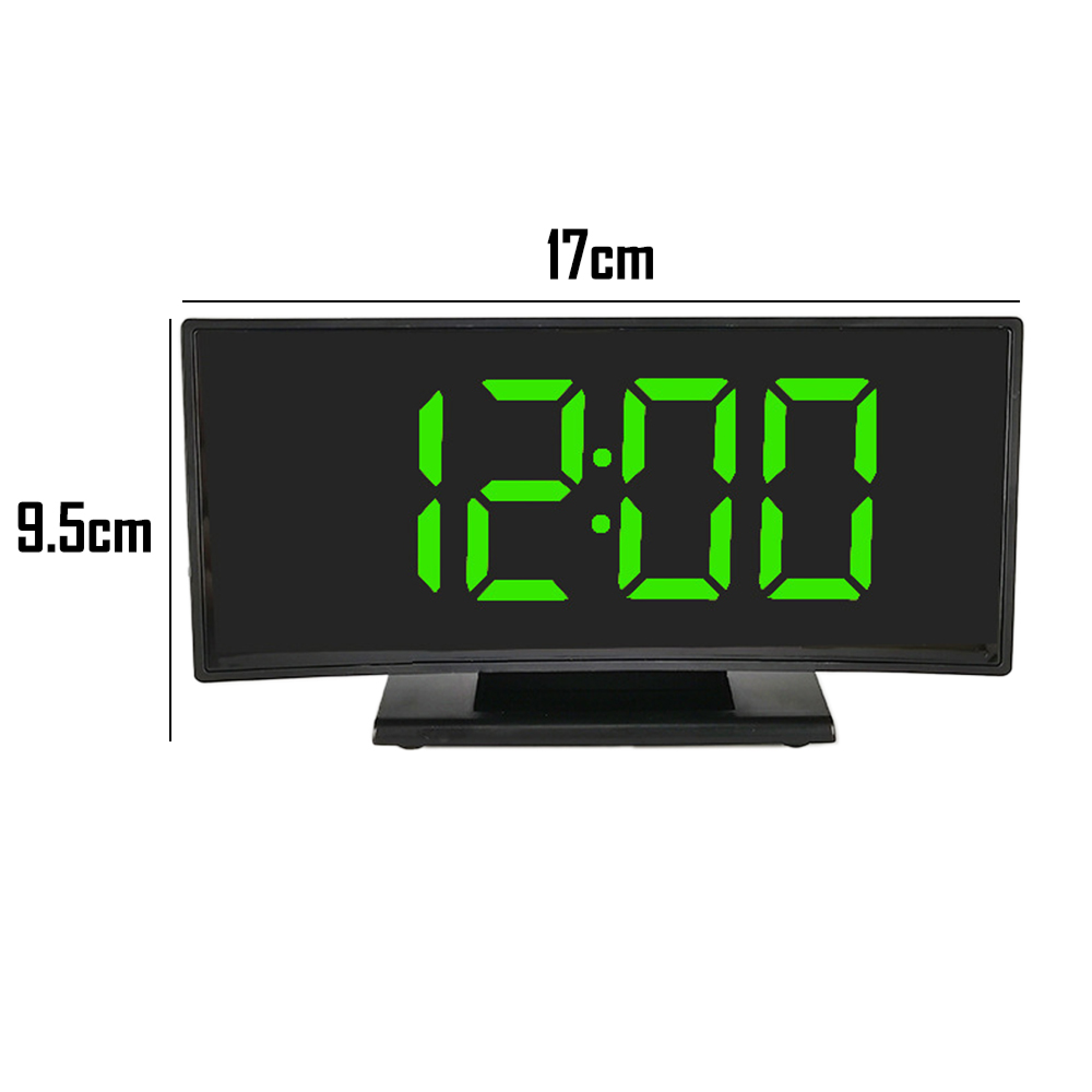 Digitaluhr mit grüner Anzeige, die 12:00 anzeigt.