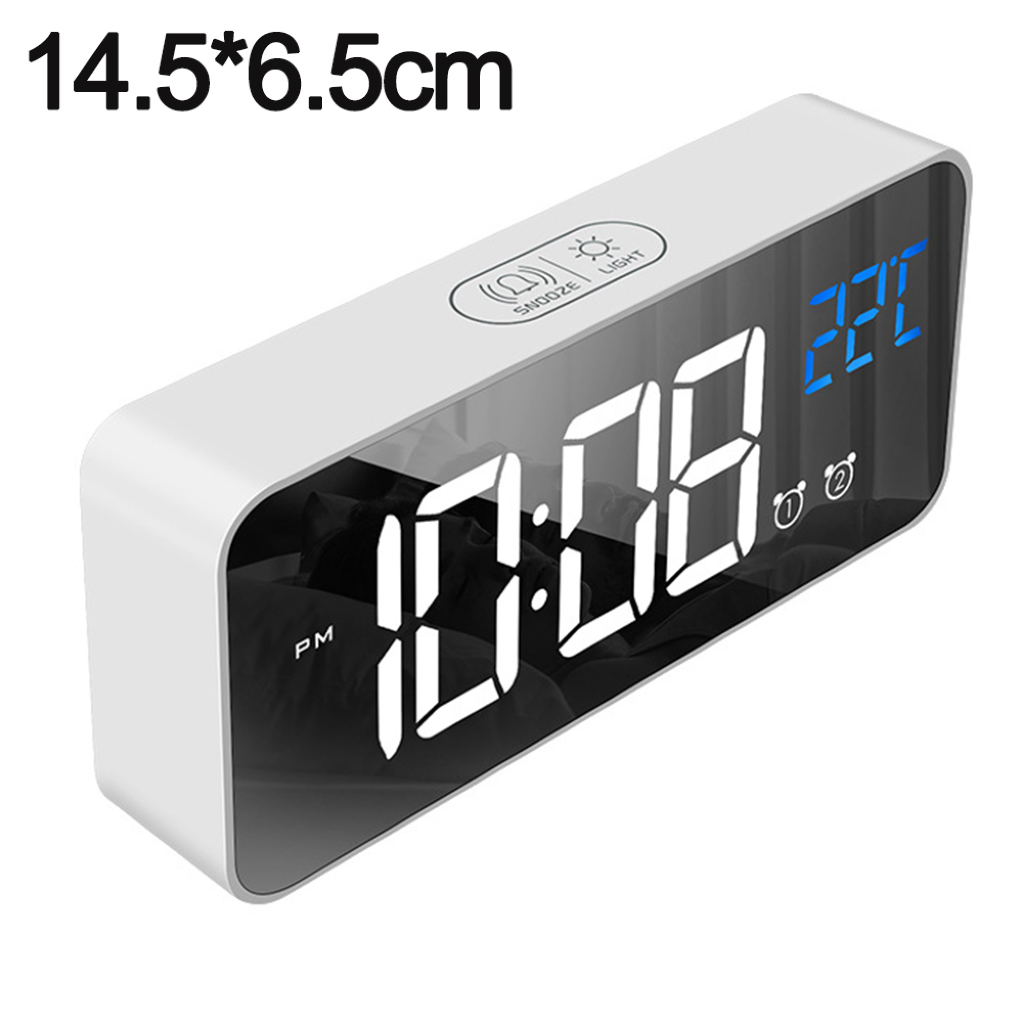 Ein weißer Digitalwecker zeigt 10:08 Uhr und 22 Grad an.
