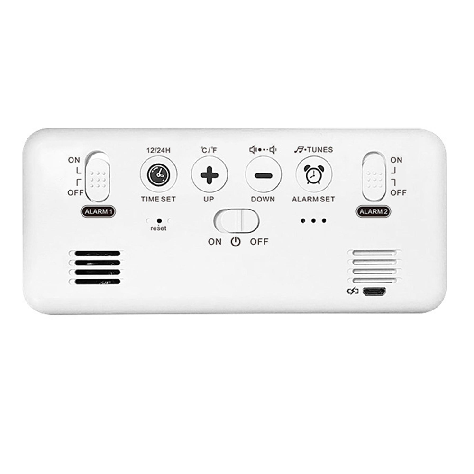 Weiße Digitaluhr mit Knöpfen für Zeit, Alarm und Lautstärke. USB-Anschluss unten.