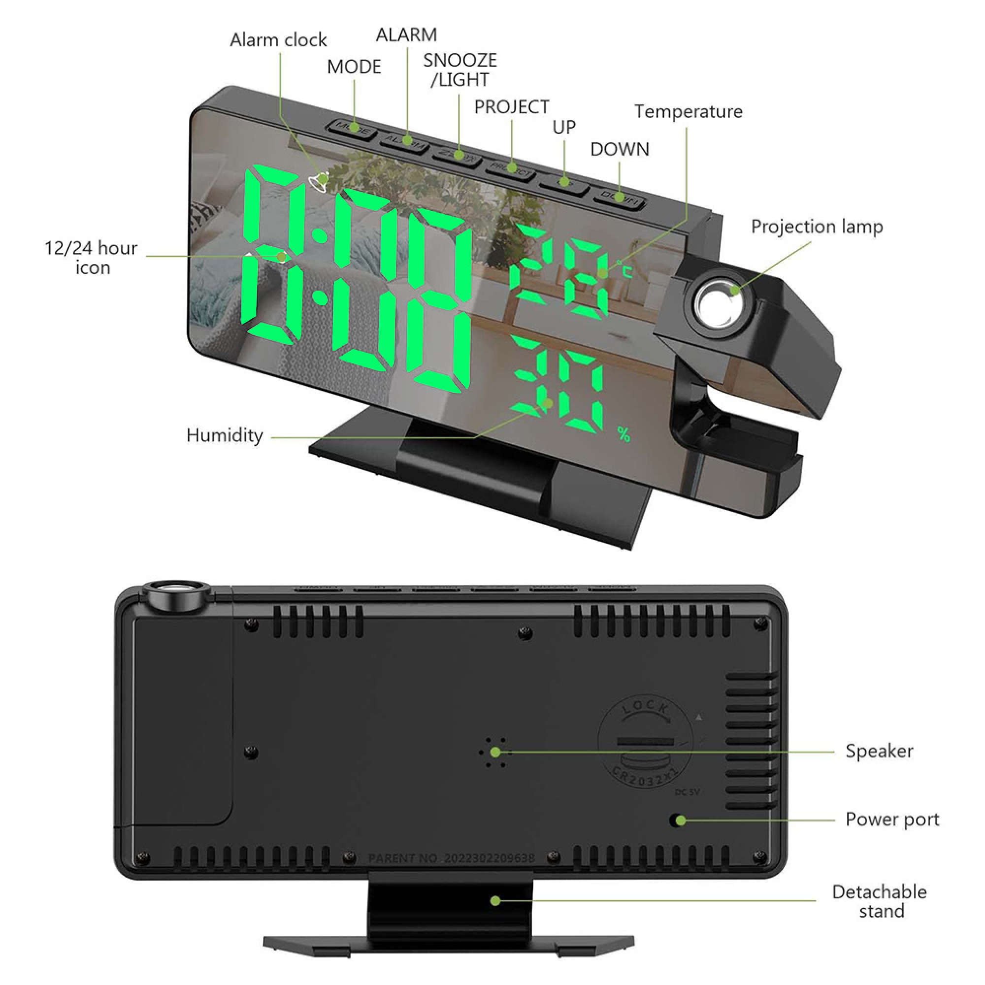Digitaler Wecker mit grünem LED-Display für Uhrzeit und Luftfeuchtigkeit. Draufsicht zeigt Tasten.