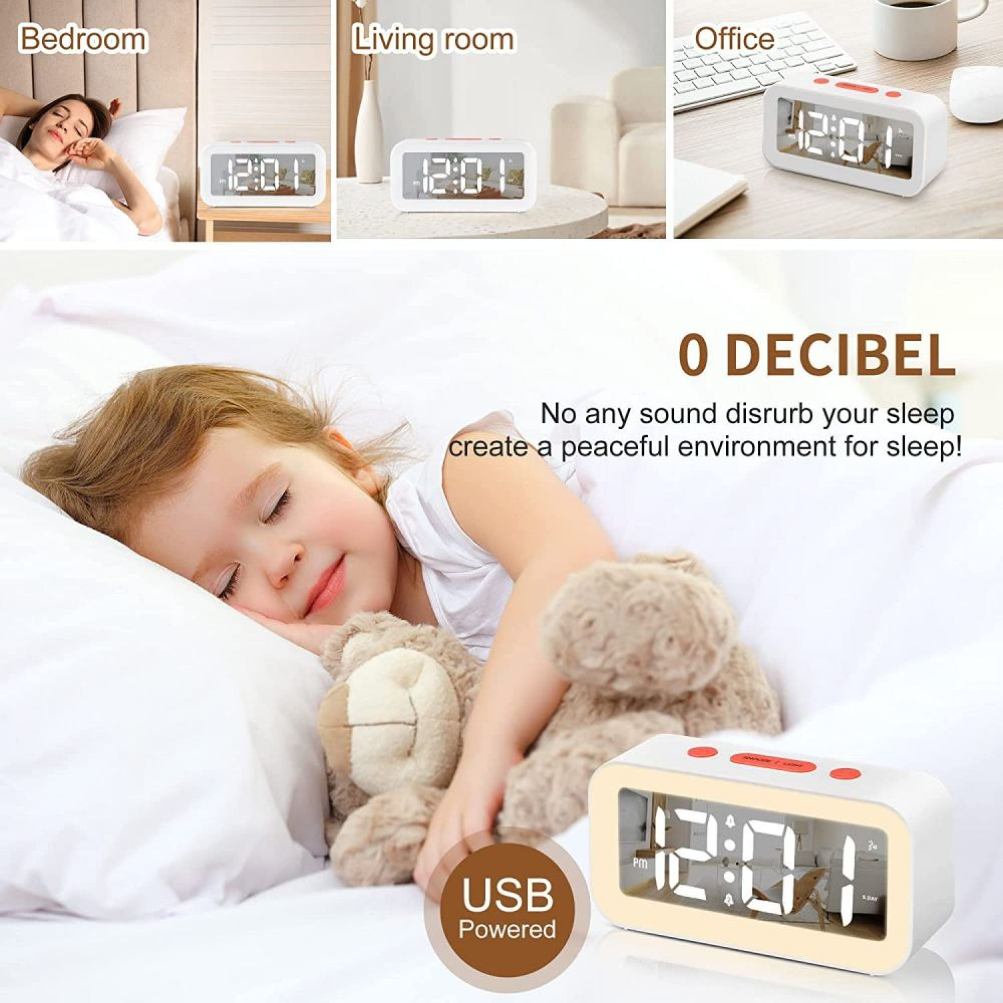 Ein Kind schläft friedlich mit einem Teddybär neben einem digitalen Wecker.