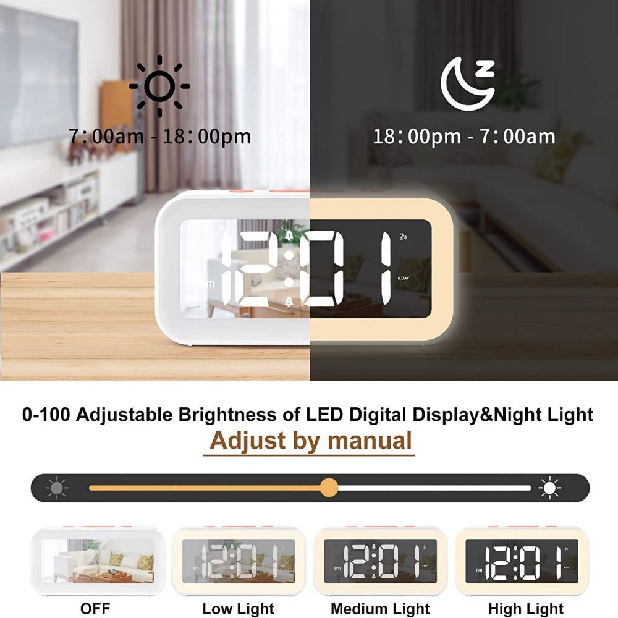 Digitaluhr mit einstellbarer Helligkeit und Nachtlichtfunktion.
