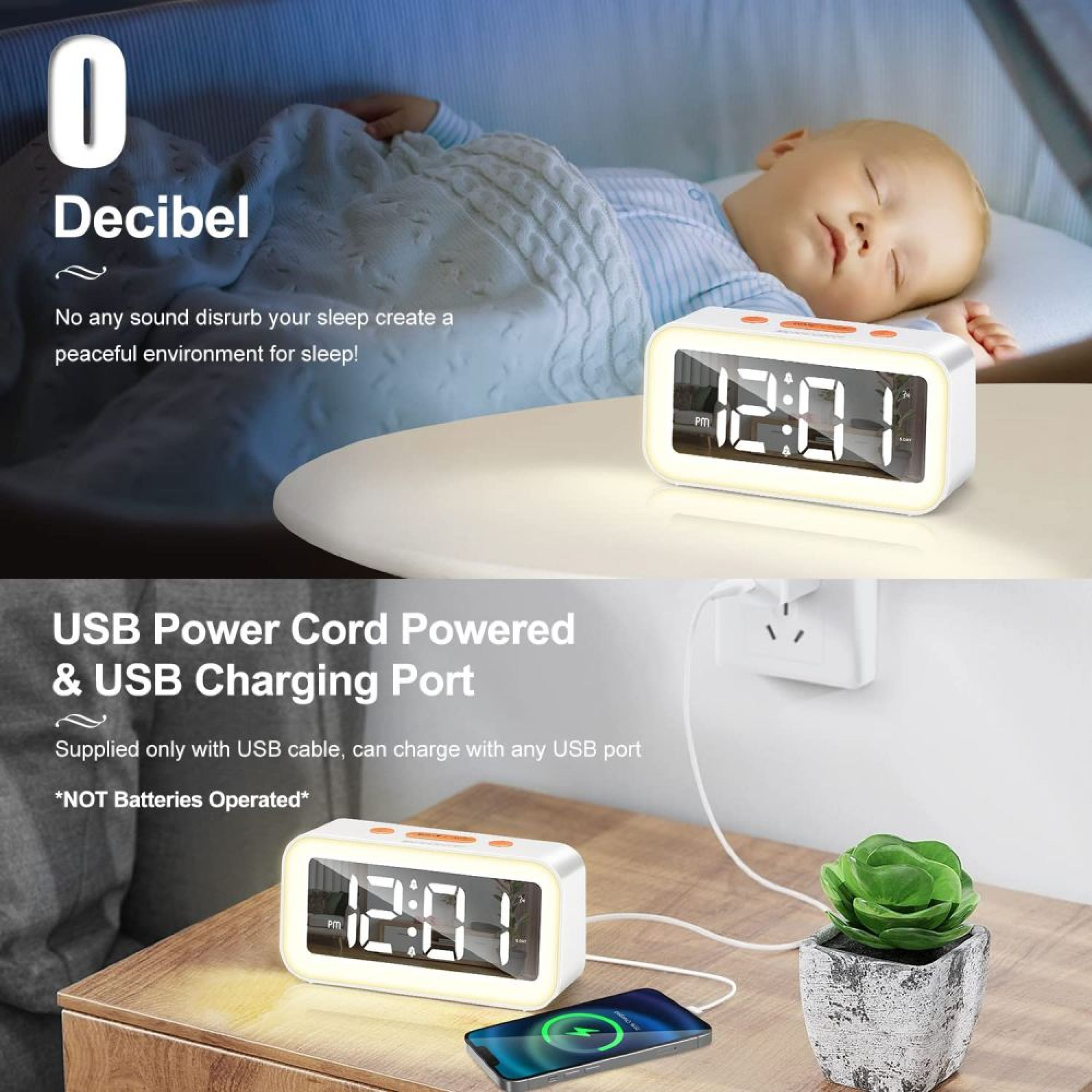 Ein Baby schläft, daneben ein digitaler Wecker. Unten wird der Wecker per USB geladen.