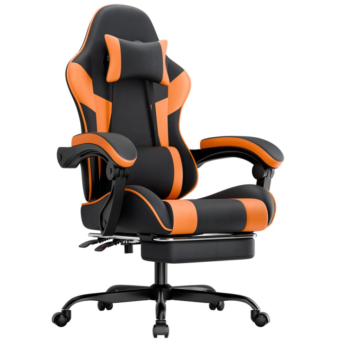 Ein schwarzer und oranger Gaming-Stuhl mit Kopfstütze und Fußstütze wird gezeigt.