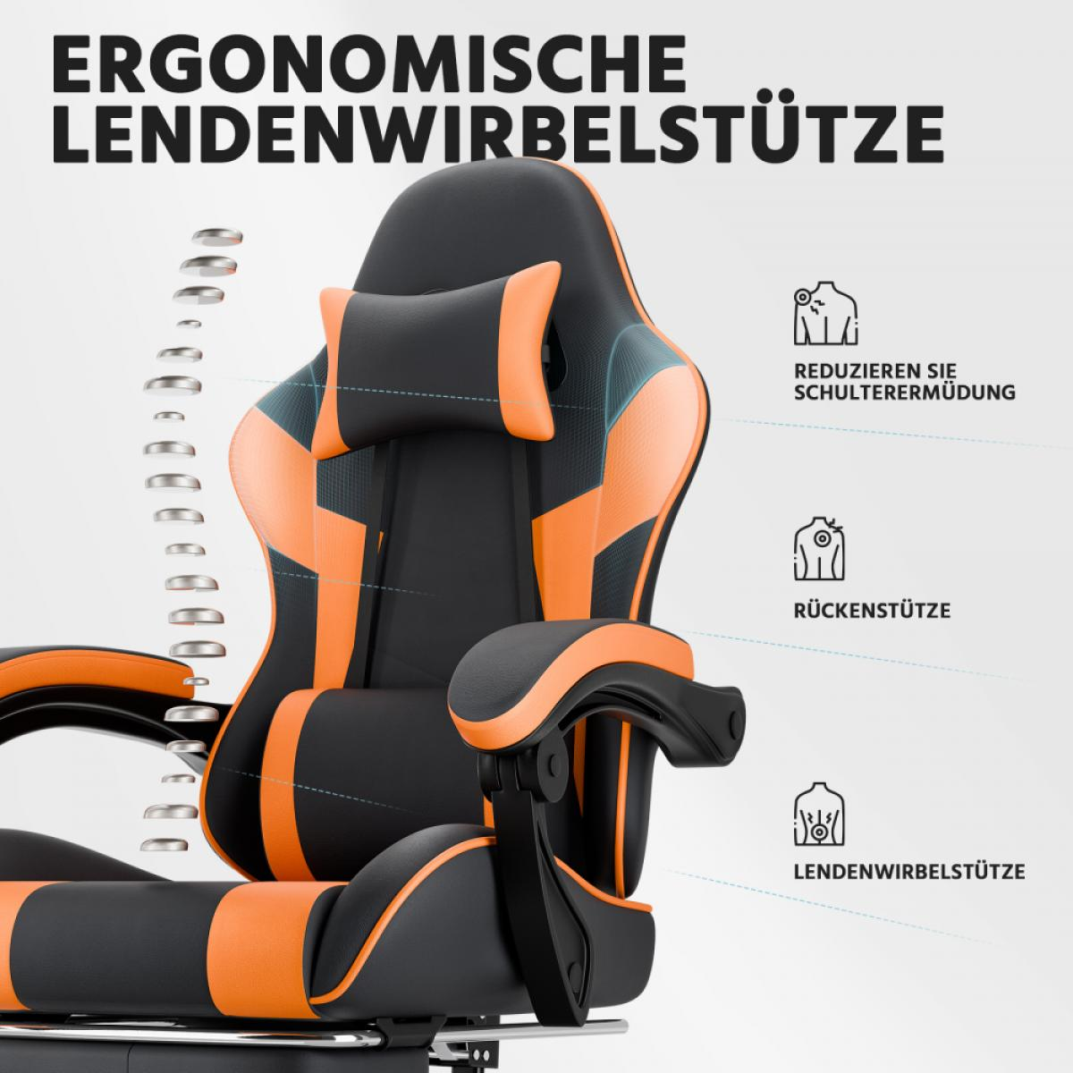 Ergonomische Lendenwirbelstütze: Ein schwarzer und oranger Gaming-Stuhl mit Wirbelsäulen-Illustrationen.