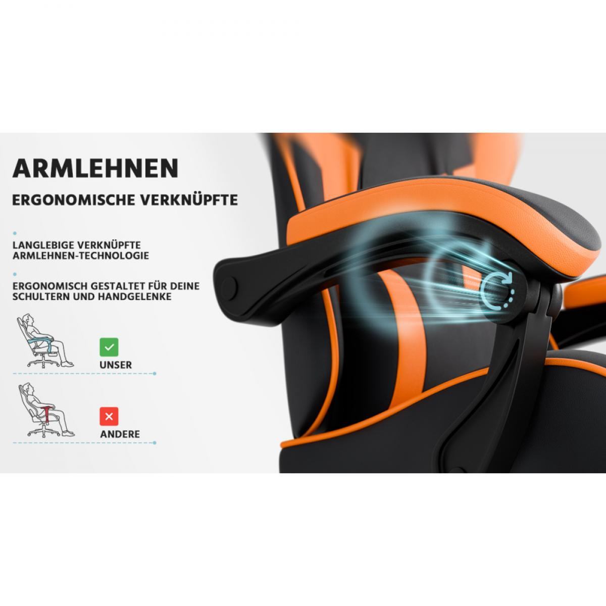 Nahaufnahme eines schwarzen und orangen Gaming-Stuhl-Armlehnen-Designs mit ergonomischer Beschreibung.