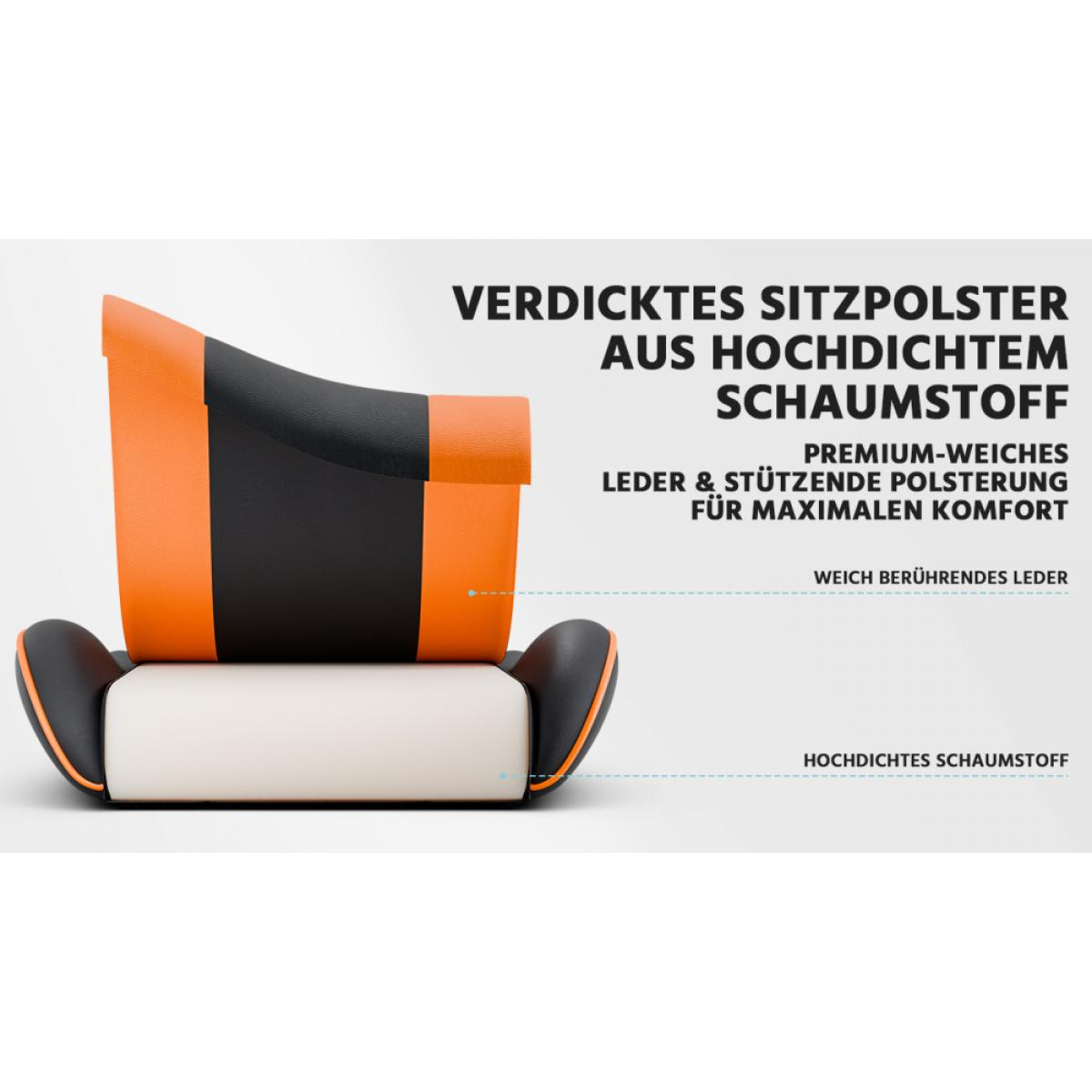 Ein orange-schwarzer Autositz mit weißem Schaumstoffpolster.