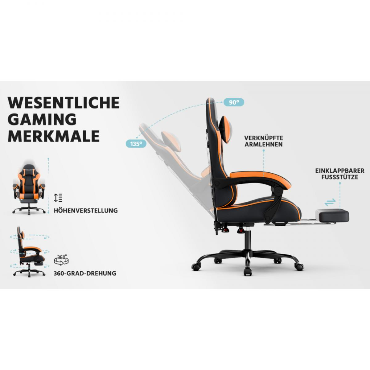 Schwarzer Gaming-Stuhl mit orangefarbenen Akzenten, verstellbare Rückenlehne und Fußstütze.