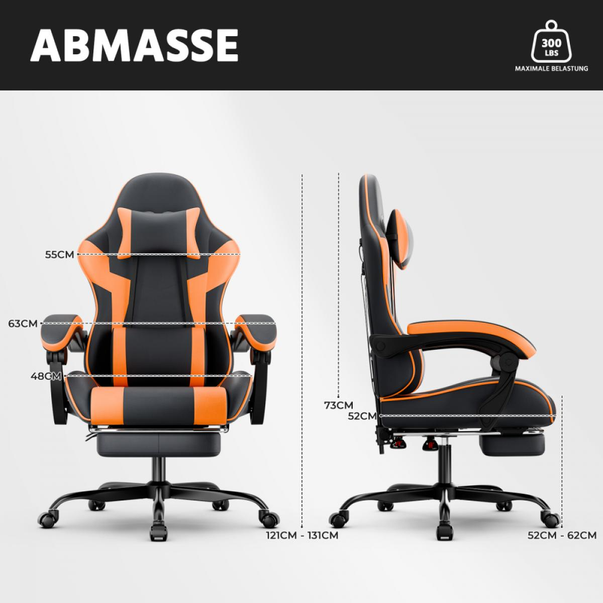 Schwarzer und oranger Gaming-Stuhl mit Maßangaben. Maximale Belastung 300 lbs.