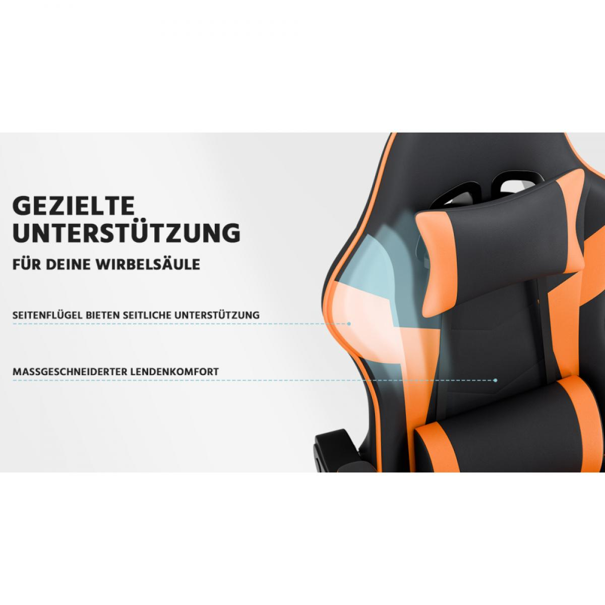 Schwarzer und oranger Gaming-Stuhl mit Lendenwirbelstütze und Seitenflügeln.