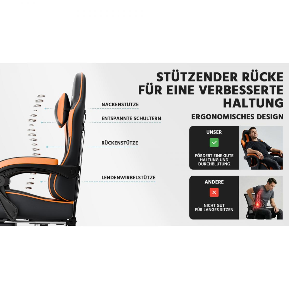 Ergonomischer Stuhl mit Nacken-, Rücken- und Lendenwirbelstütze.