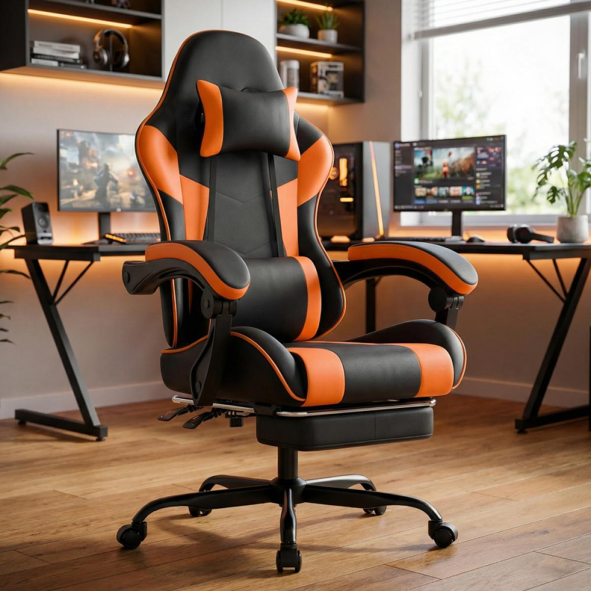 Ein schwarzer Gaming-Stuhl mit orangefarbenen Akzenten steht in einem Raum mit Computern und Regalen.