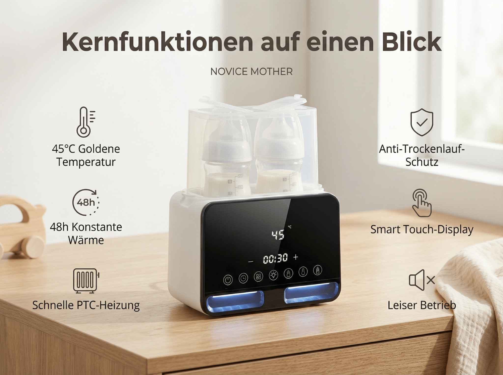 Flaschenwärmer mit Touch-Display, 45°C, 48h Wärme, PTC-Heizung und mehr.