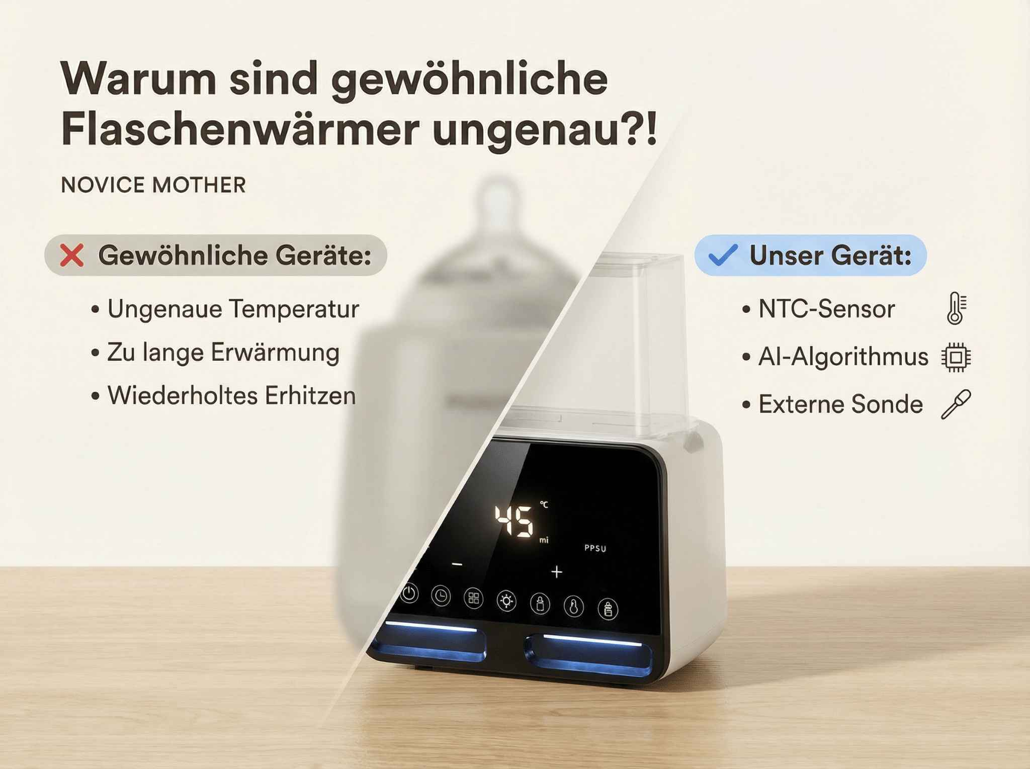 Ein moderner Flaschenwärmer mit digitaler Anzeige und Symbolen.