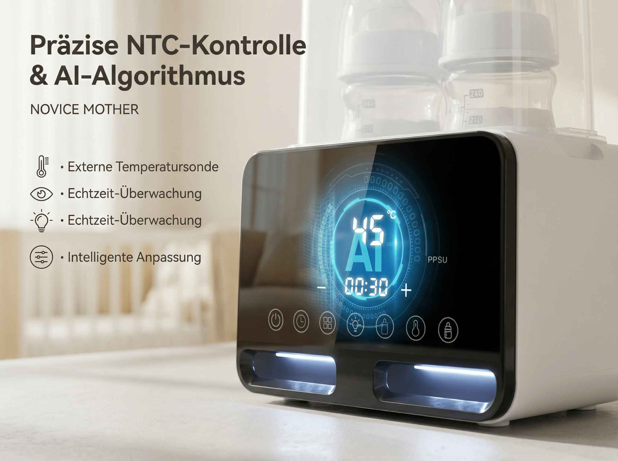 Ein digitaler Flaschenwärmer mit zwei Flaschen, Display zeigt 45°C und 00:30.