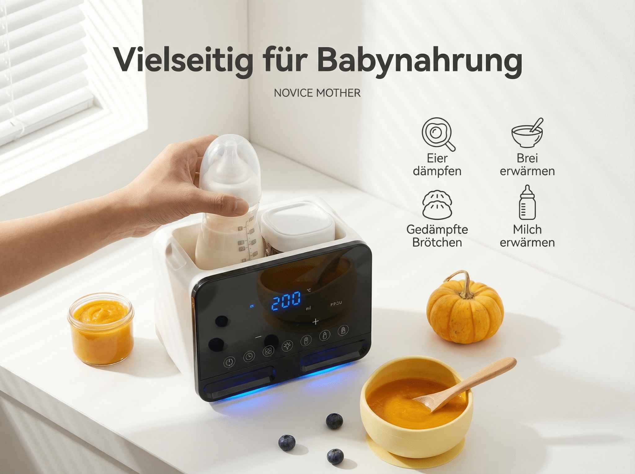 Ein Babykostwärmer mit Flasche, Brei und Kürbis.