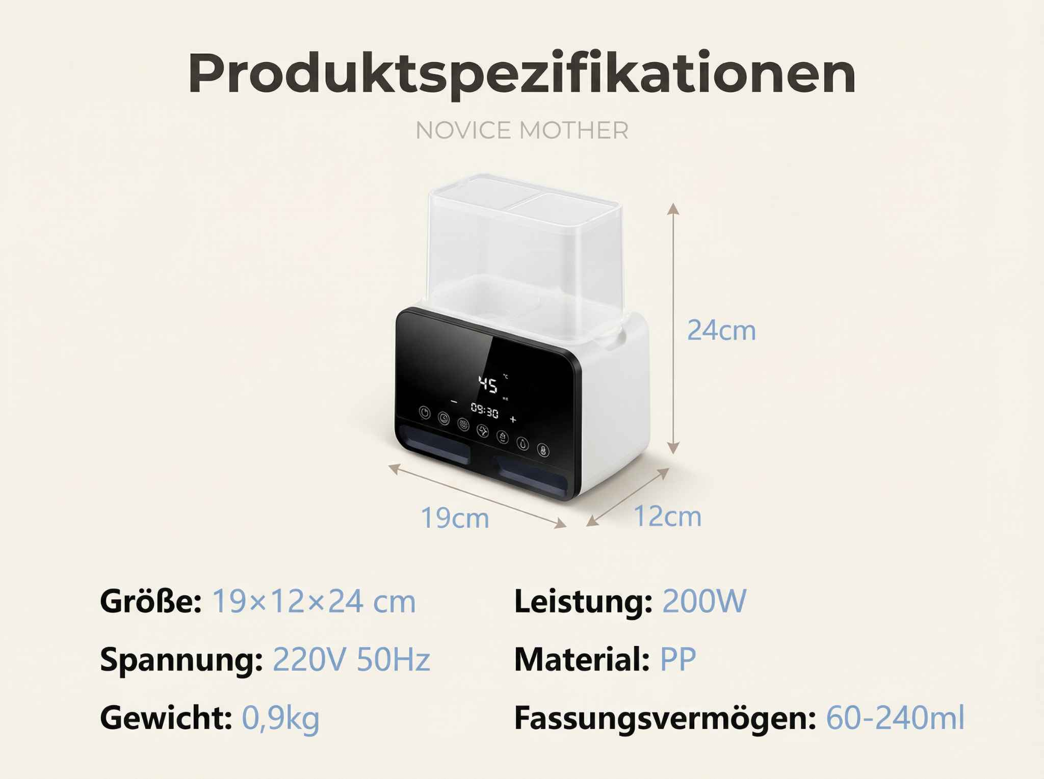 Ein weißer Sterilisator mit transparentem Oberteil und schwarzem Digitaldisplay. Maße gezeigt.