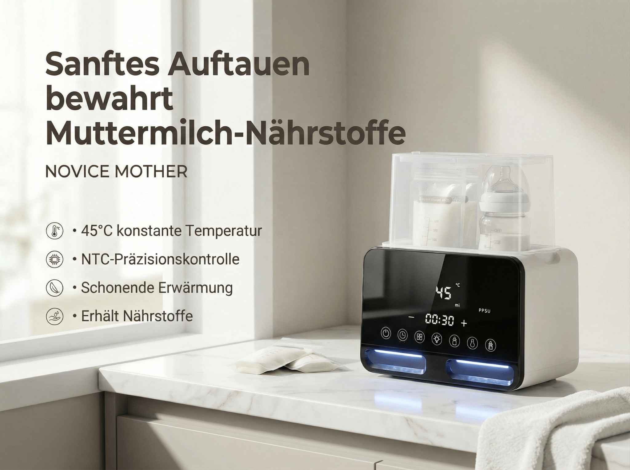 Ein Flaschenwärmer mit zwei Flaschen auf einem Marmortisch, mit Text.