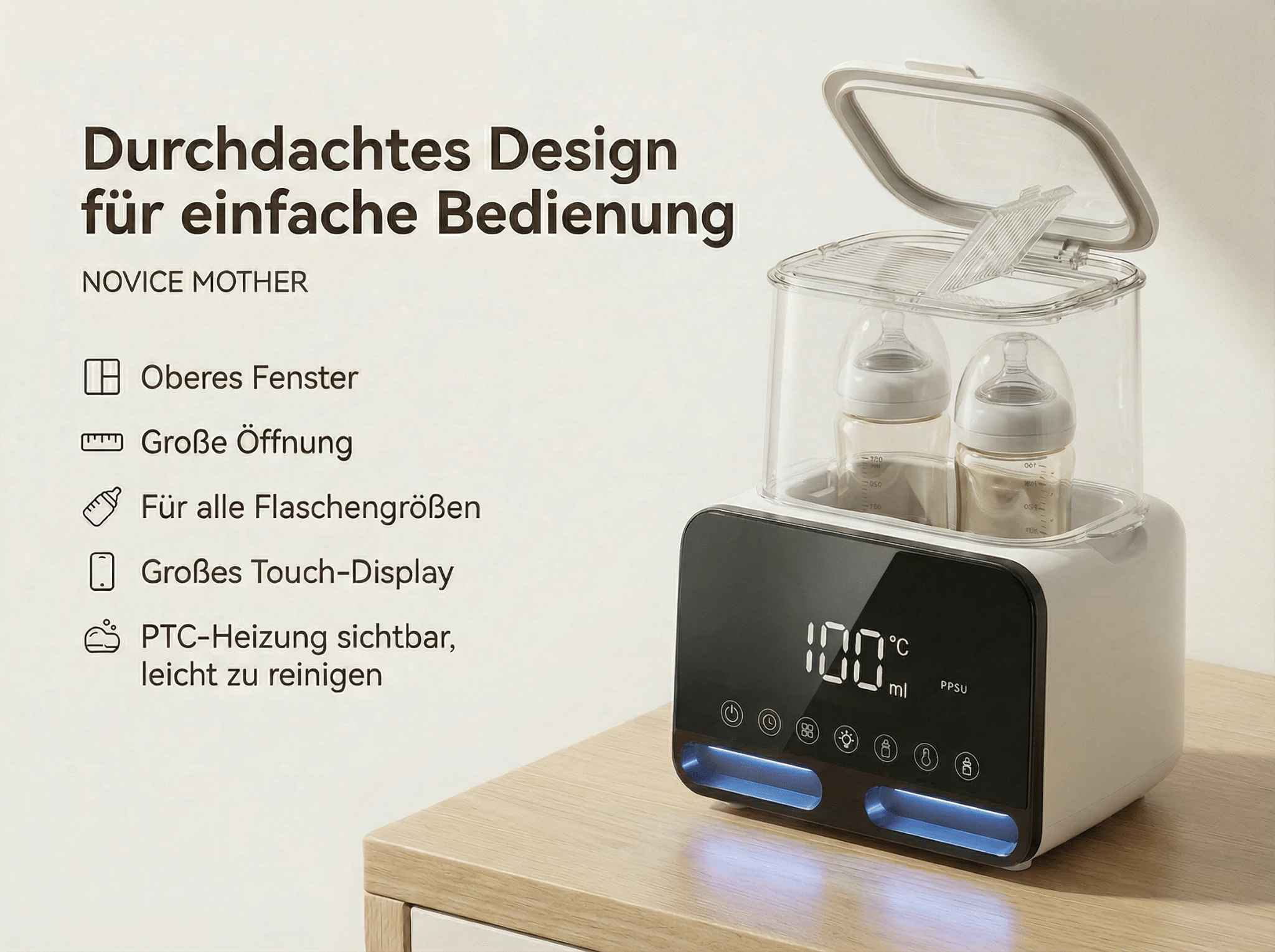 Ein Sterilisator für Babyflaschen mit offenem Deckel und zwei Flaschen darin.