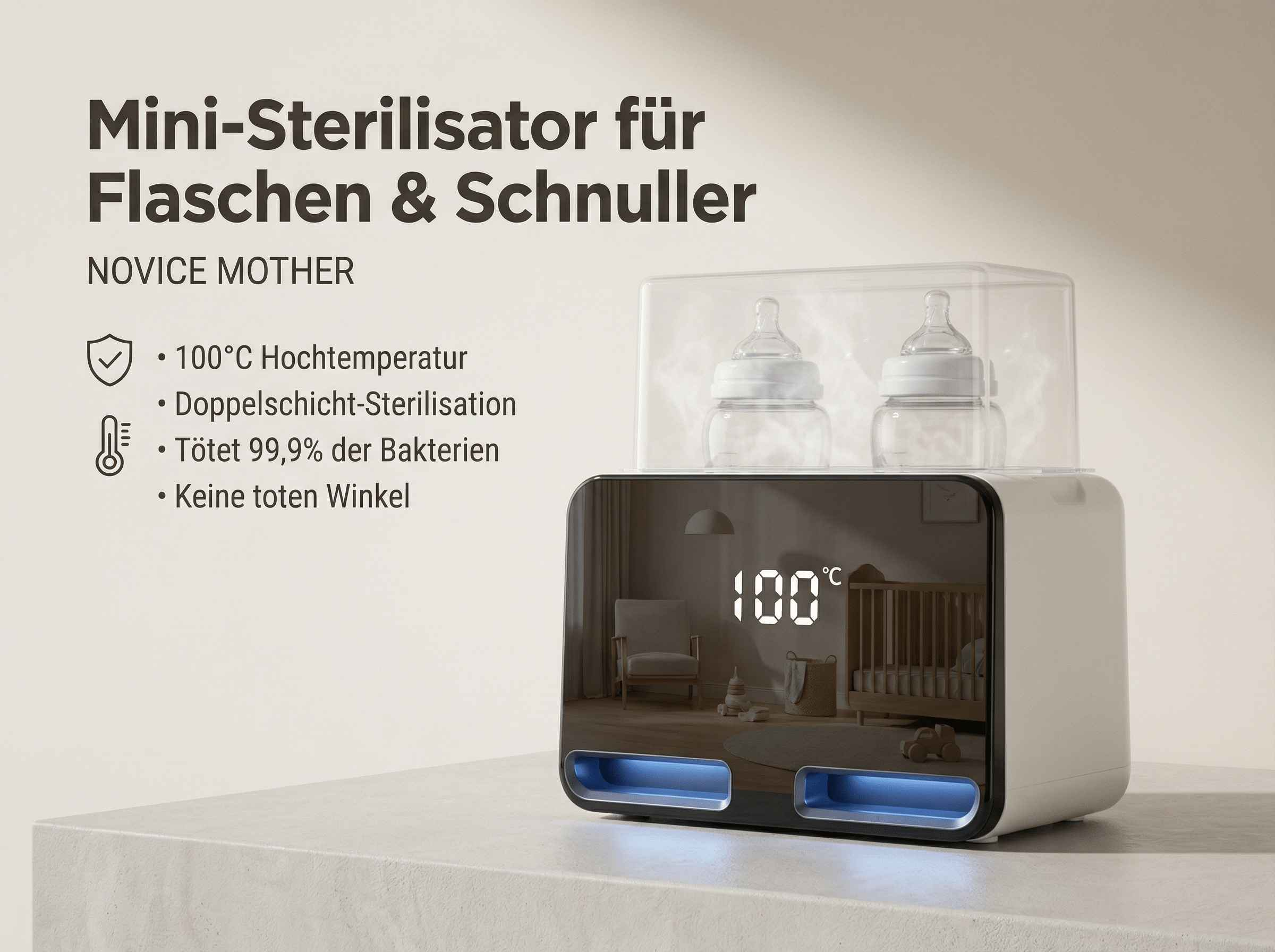 Ein Mini-Sterilisator mit zwei Flaschen und einem Display, das 100°C anzeigt.