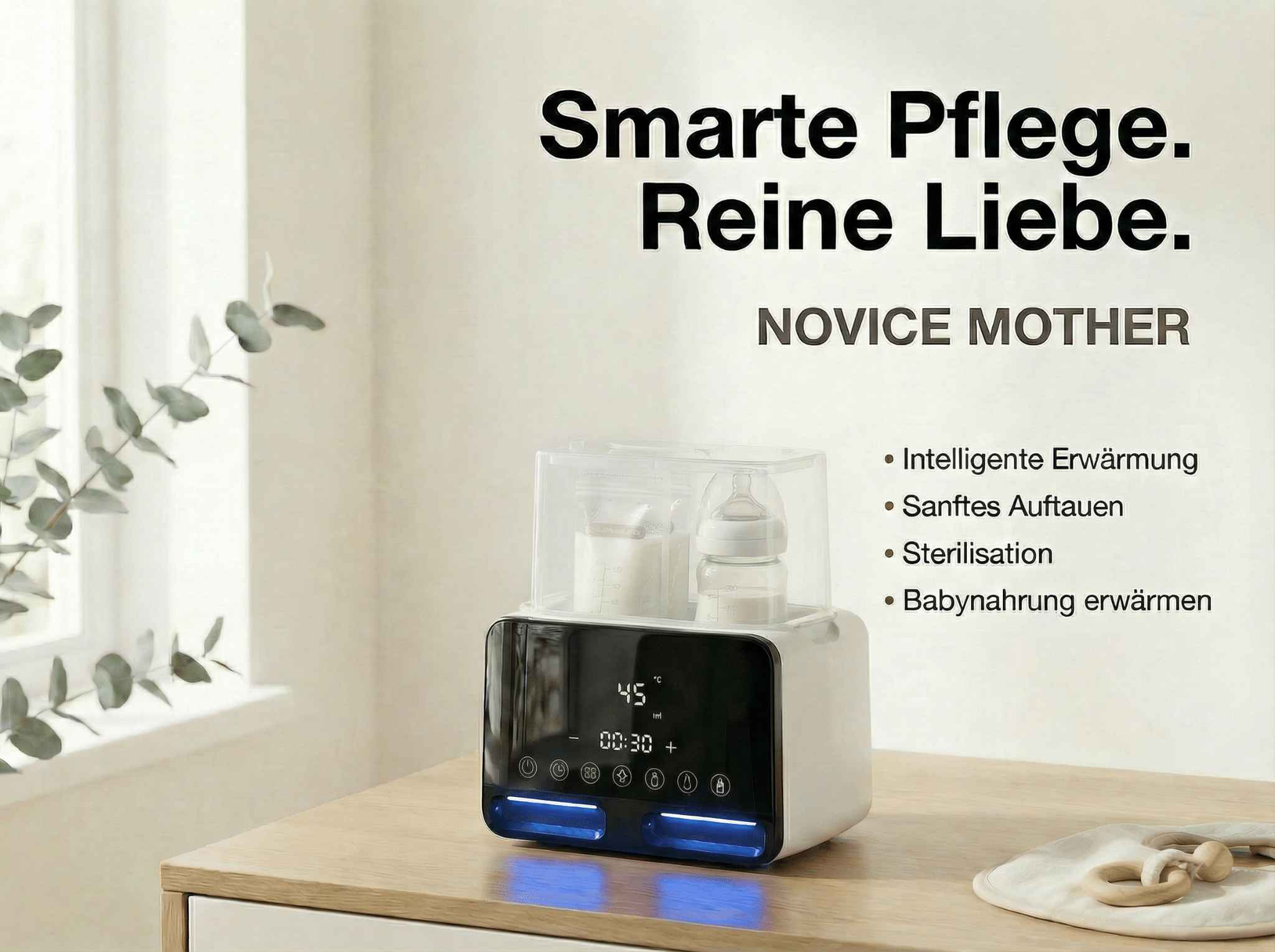 Ein Babyflaschenwärmer mit Display und zwei Flaschen, daneben ein Lätzchen.