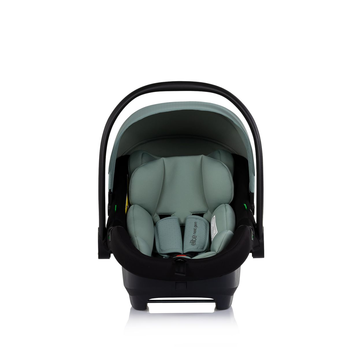 Ein grüner Kindersitz mit schwarzem Griff und Polsterung.