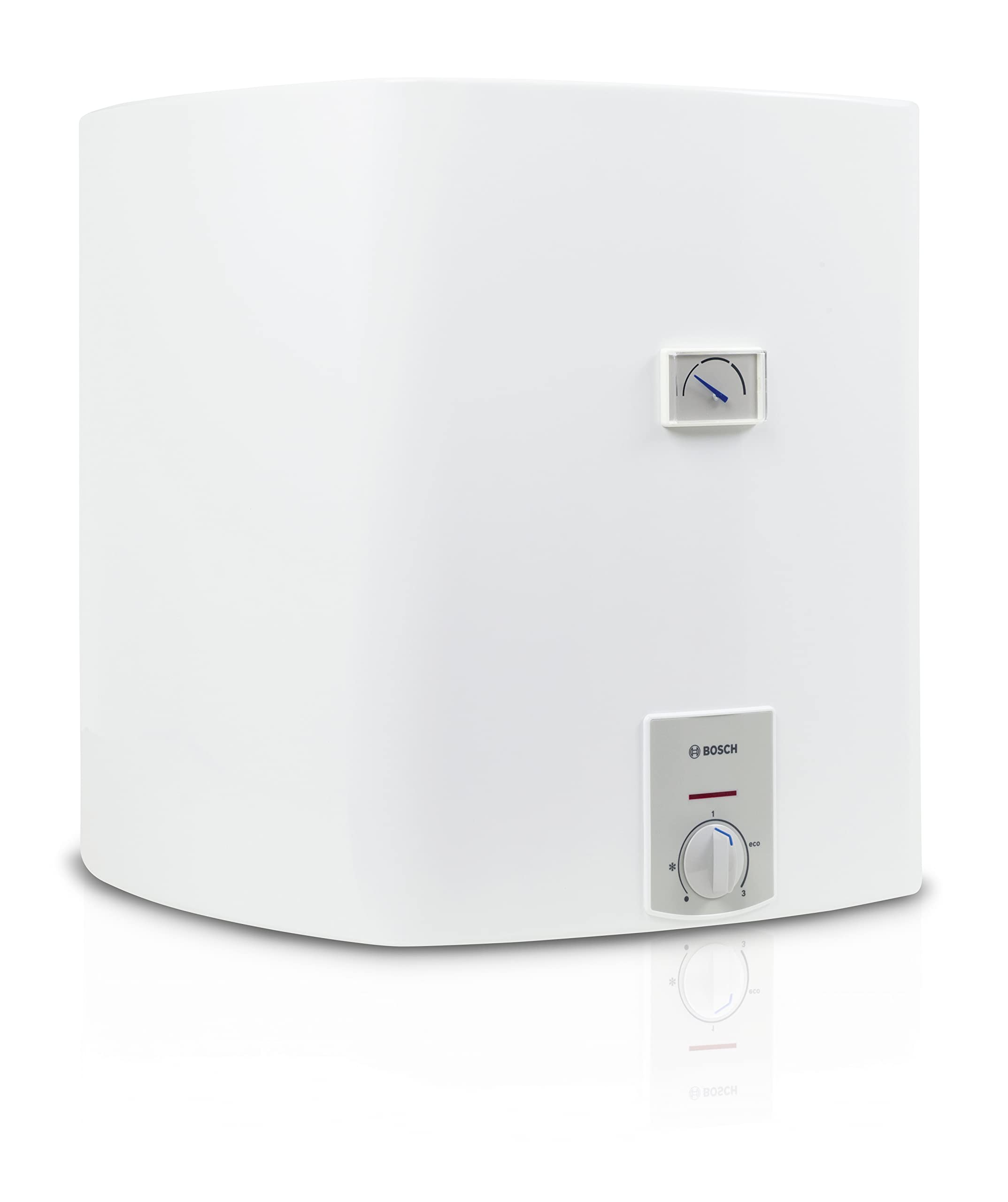 Ein weißer Bosch-Warmwasserbereiter mit Temperaturregler und Thermometer.