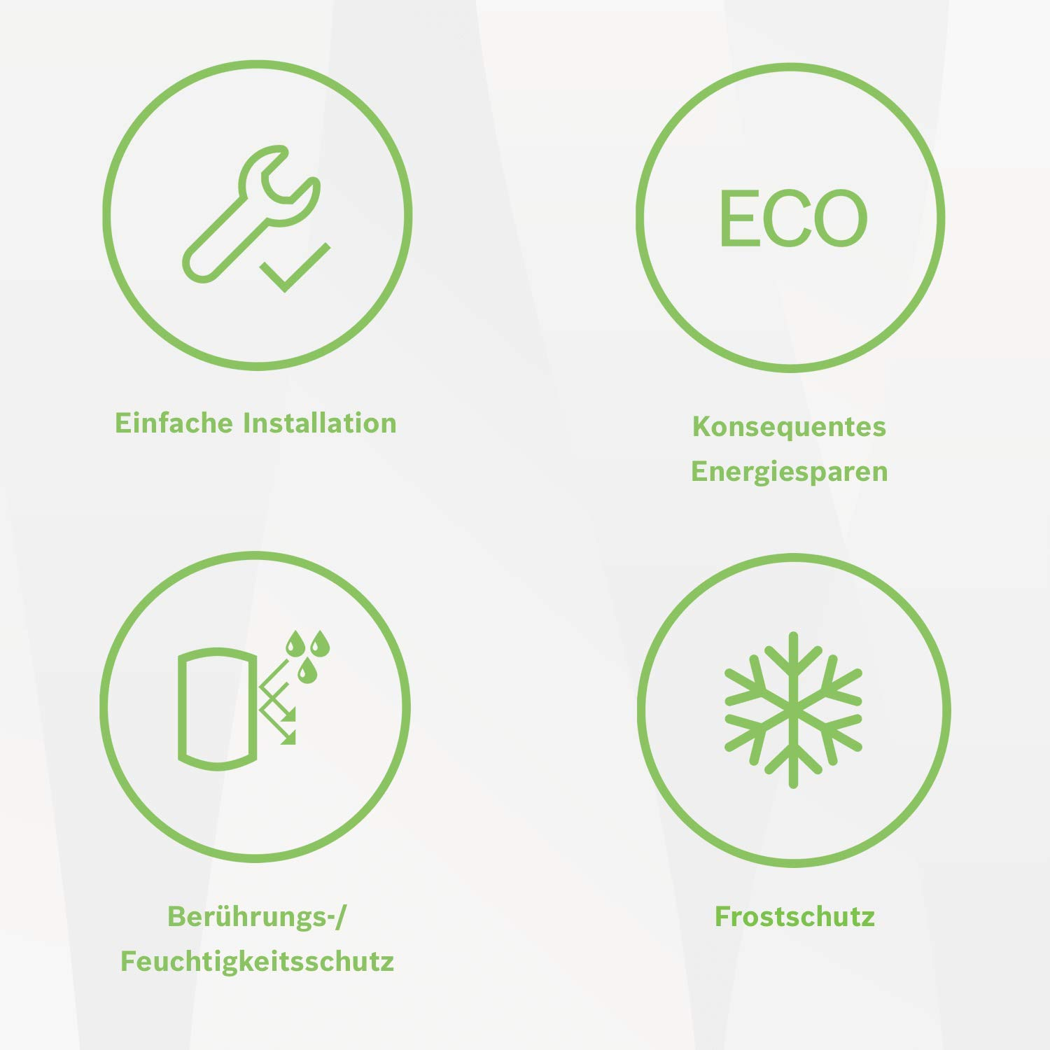 4 Icons: Installation, ECO, Feuchtigkeitsschutz, Frostschutz