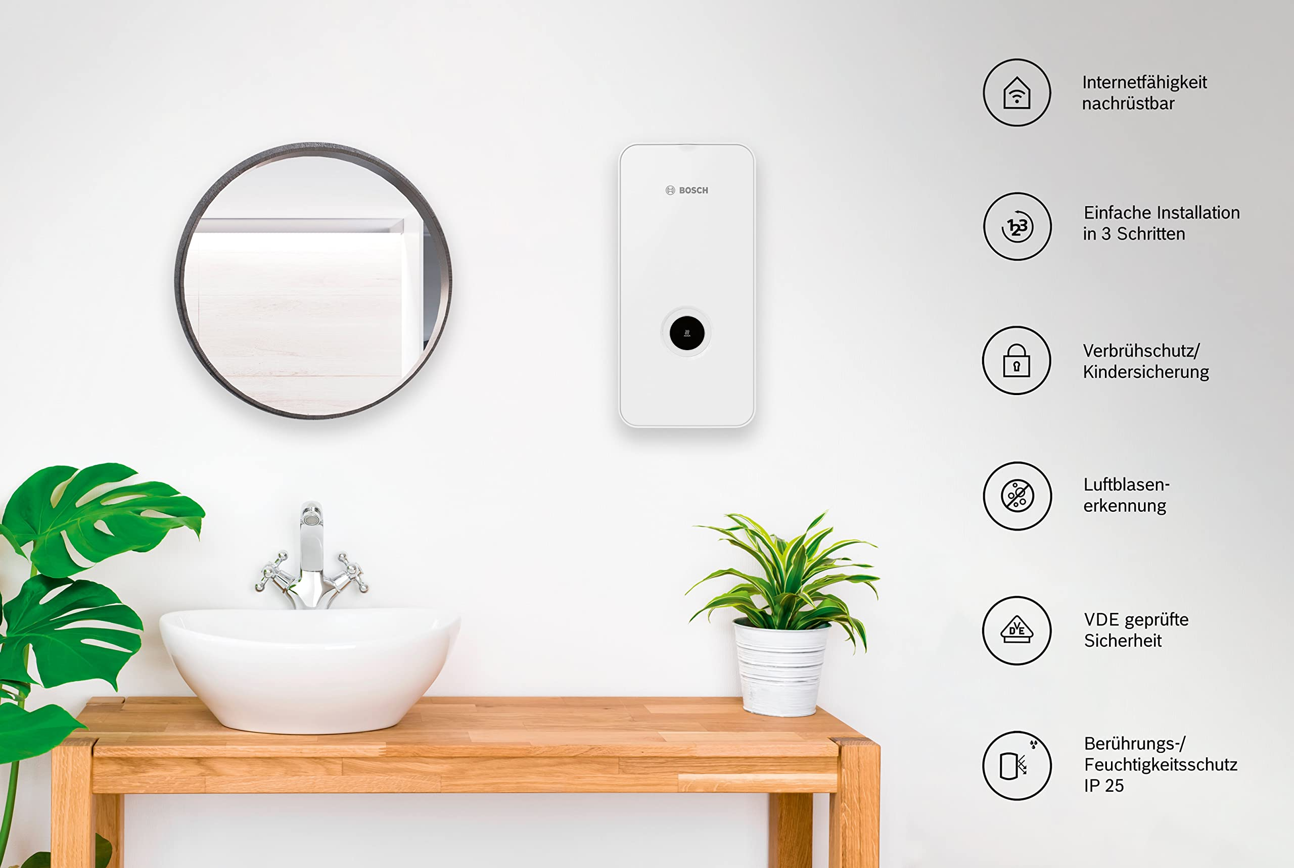 Ein Bosch-Gerät mit Funktionen wie Internetfähigkeit, einfacher Installation und Kindersicherung.