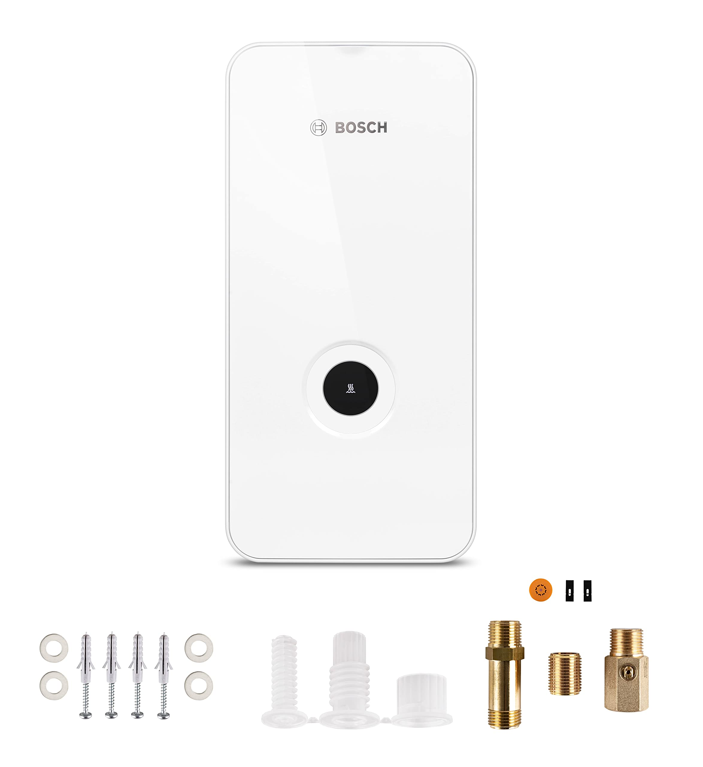 Weißes Bosch-Gerät mit Zubehör: Schrauben, Dübel, Messingfittings und Warnsignal.