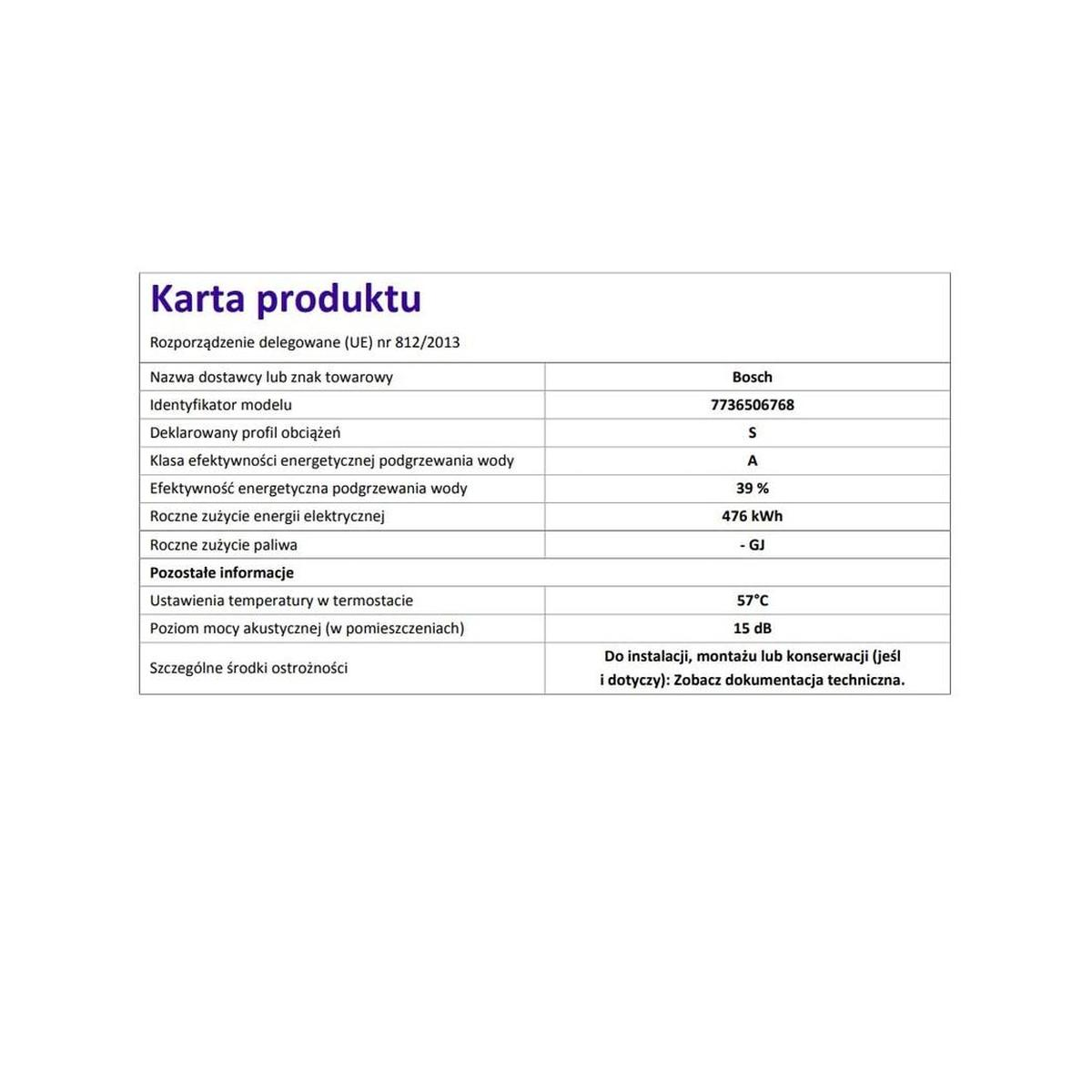 Produktdatenblatt mit technischen Details und Energieeffizienzklasse A.