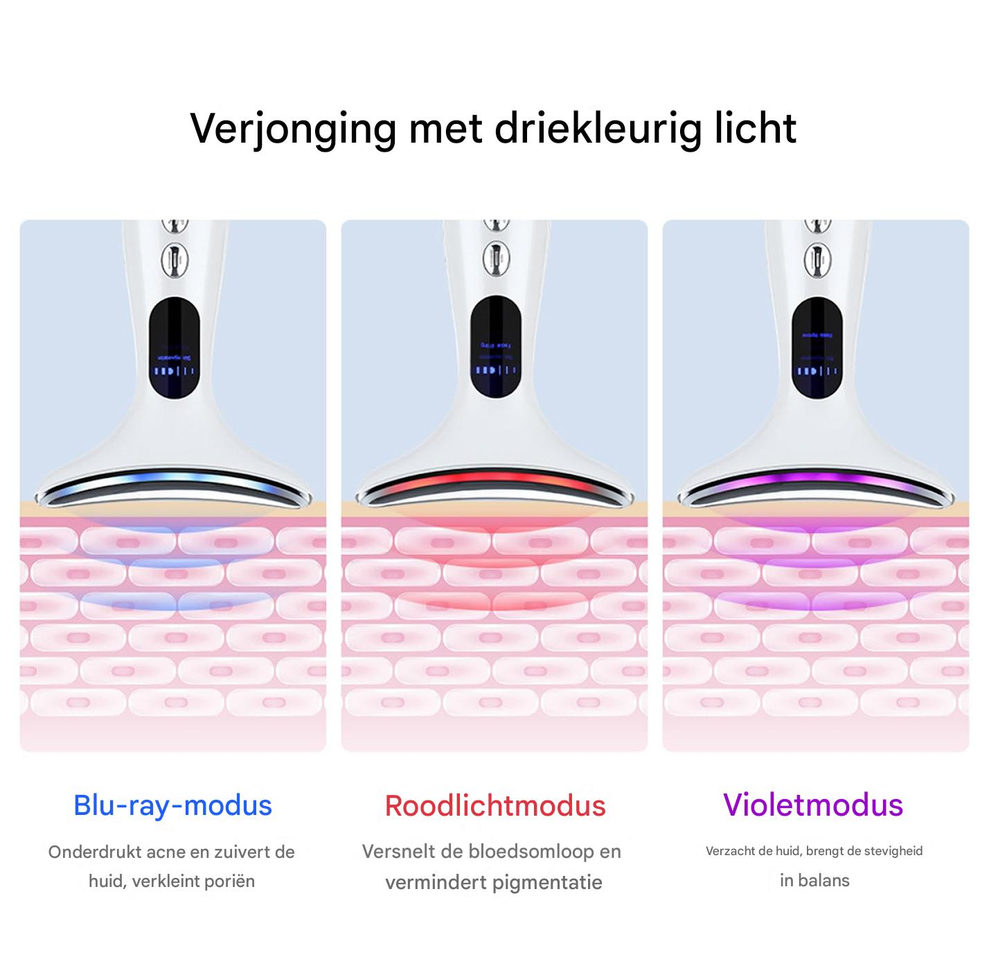 Hautpflegegeräte mit drei Lichtmodi: blau, rot und violett, die verschiedene Hautprobleme behandeln.
