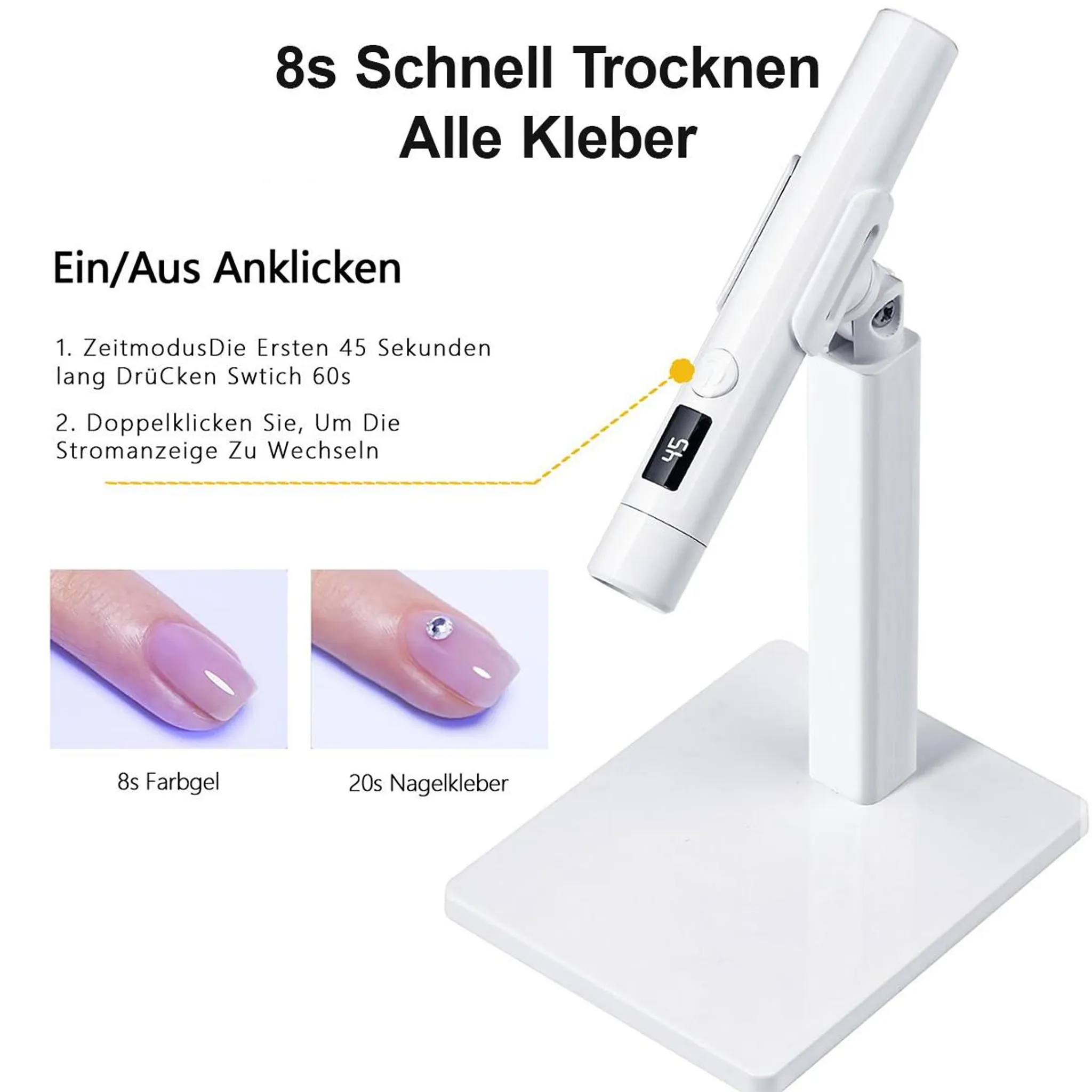 Ein weißes Nageltrocknergerät mit einem Display, das 45 anzeigt.