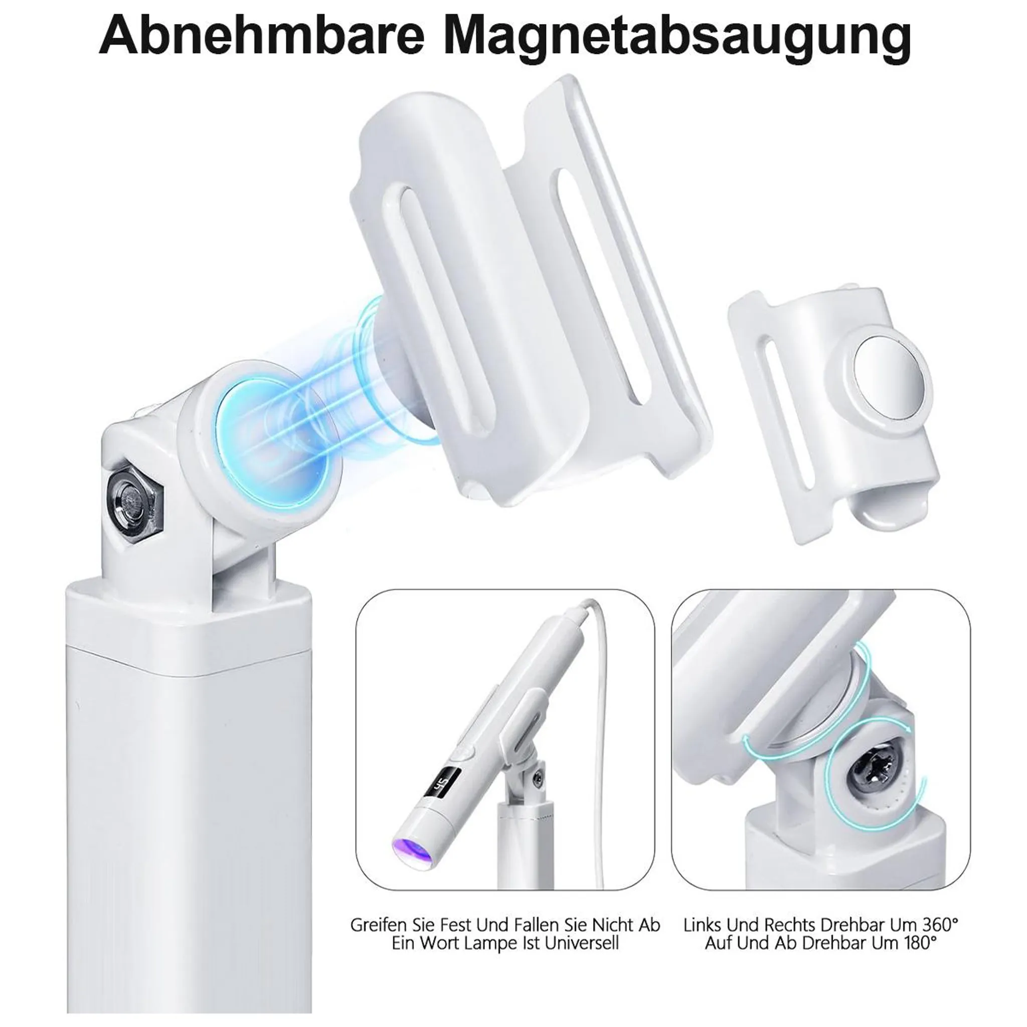Weiße magnetische Halterung mit Gelenk und drei Detailansichten: Lampe, Drehgelenk, Magnetbasis.