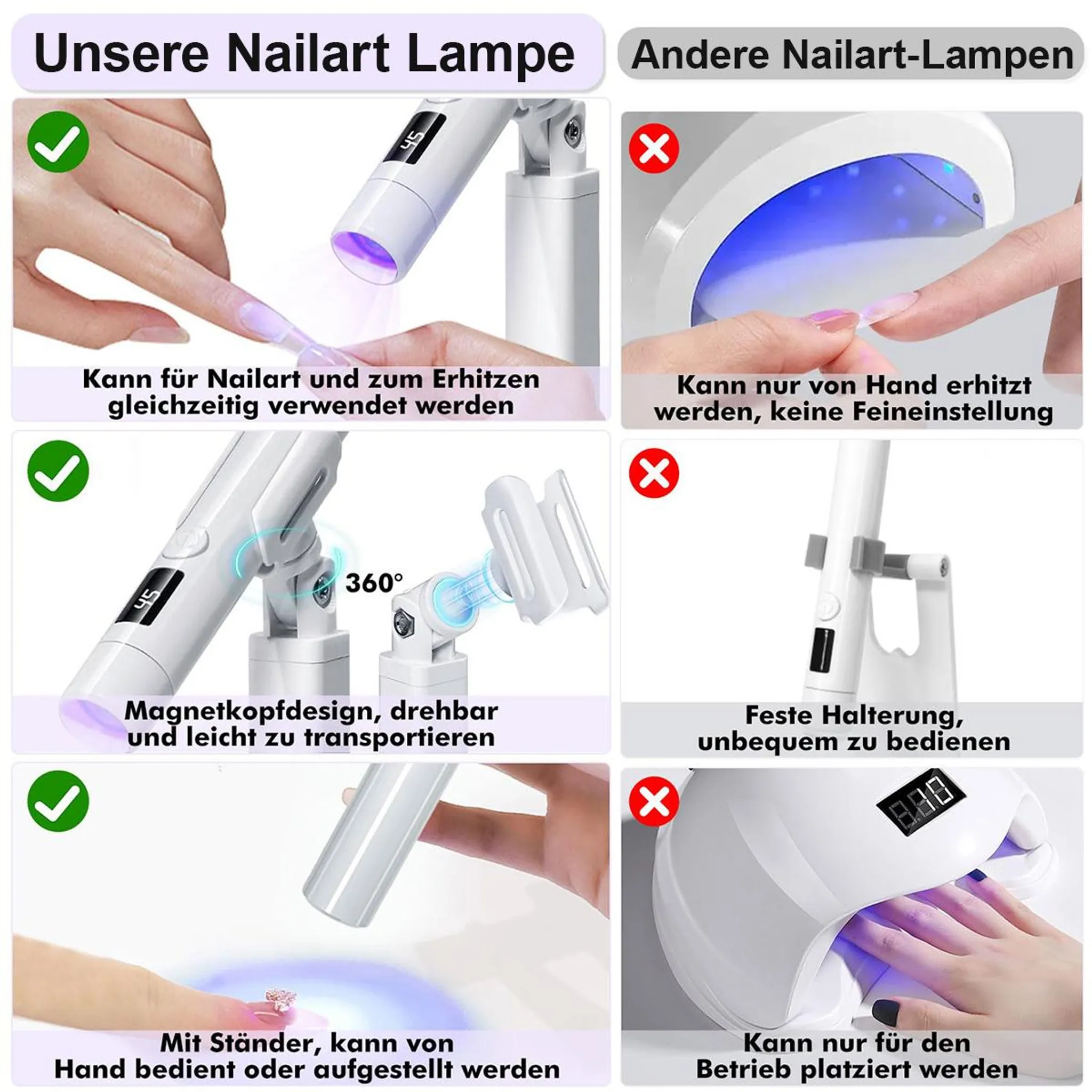 Zwei Nagel-UV-Lampen im Vergleich: eine tragbar mit LED-Anzeige, die andere eine größere Lampe.