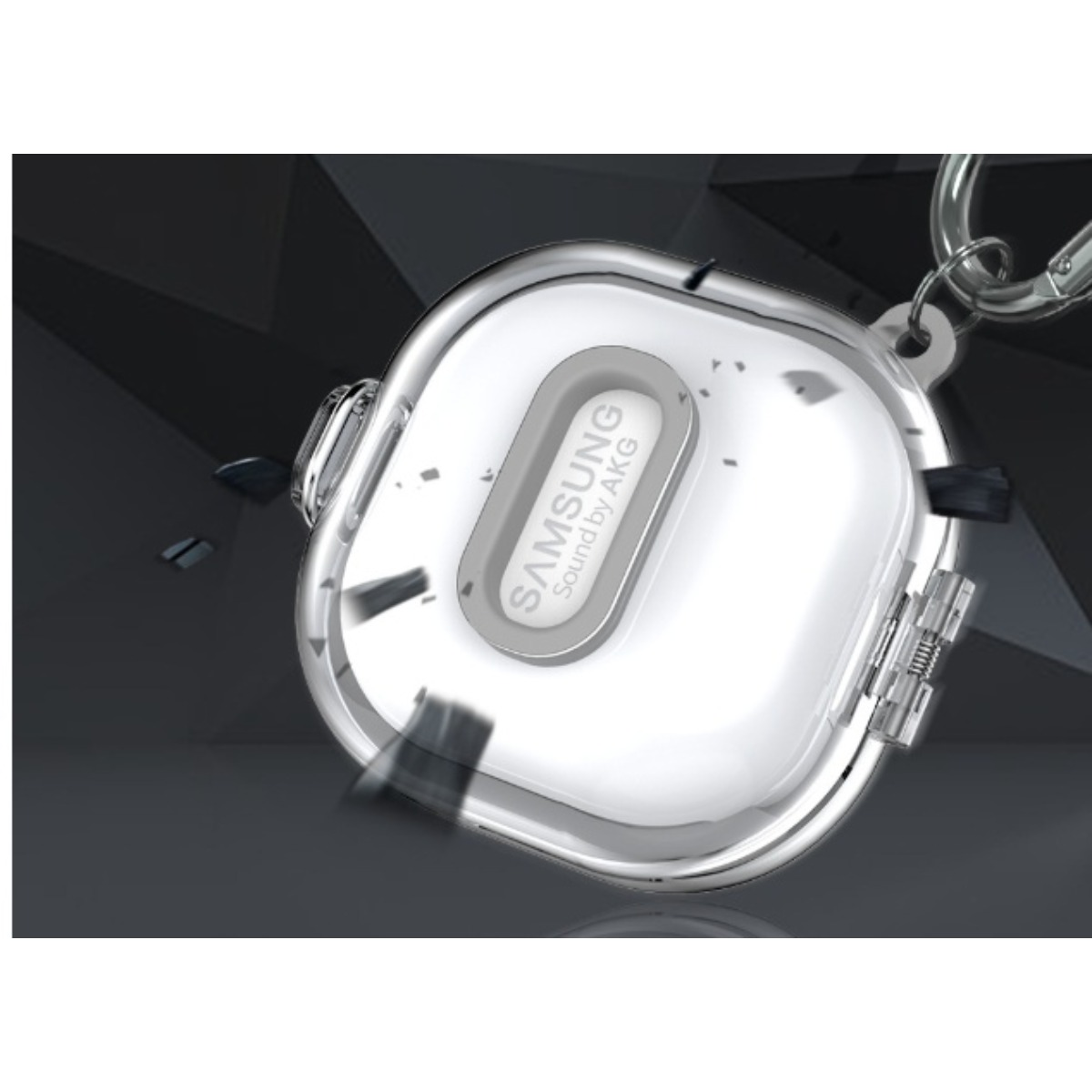 Custodia trasparente per auricolari Samsung con finiture argentate e logo.