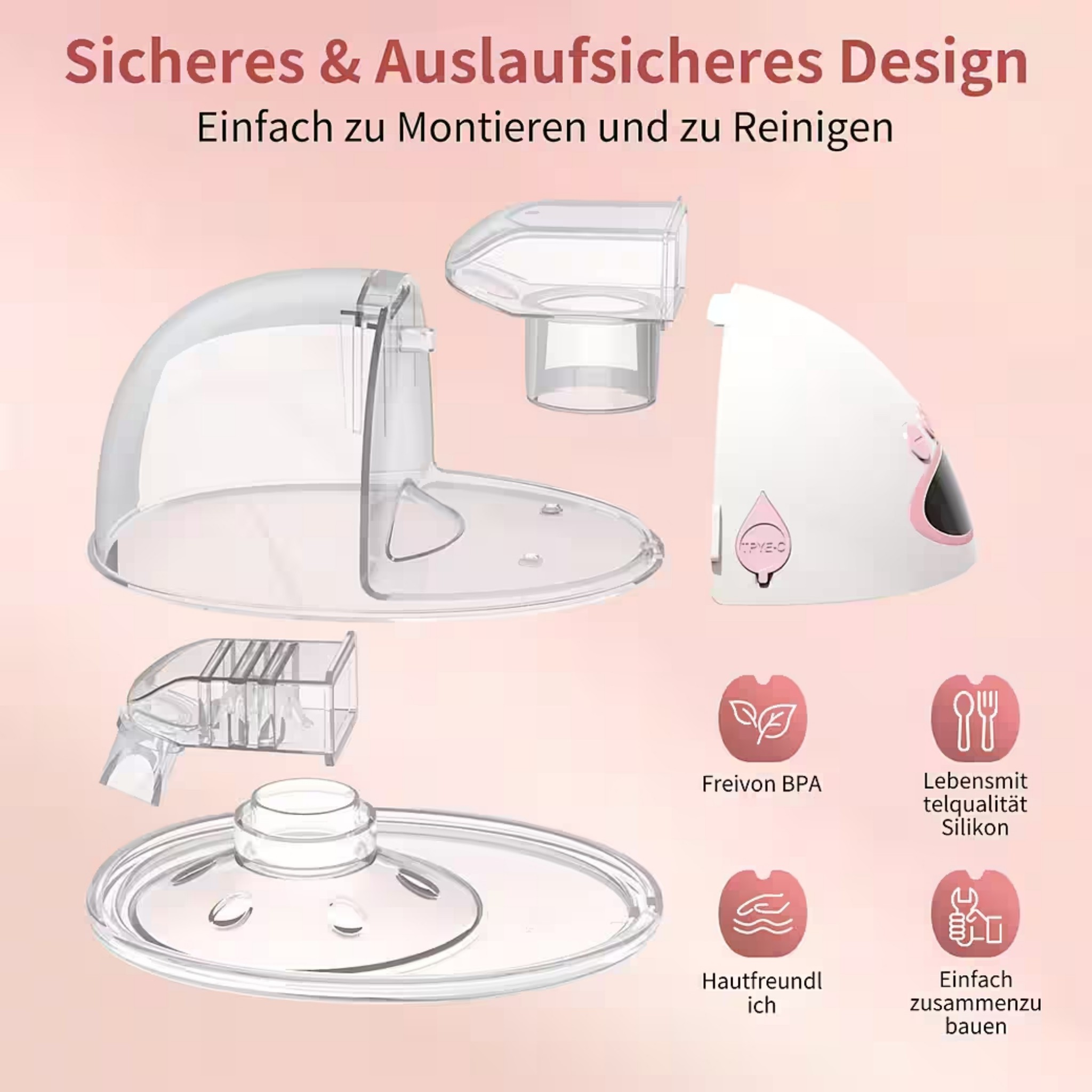Explodierte Ansicht einer Milchpumpe mit Text zu Sicherheit und Montage.