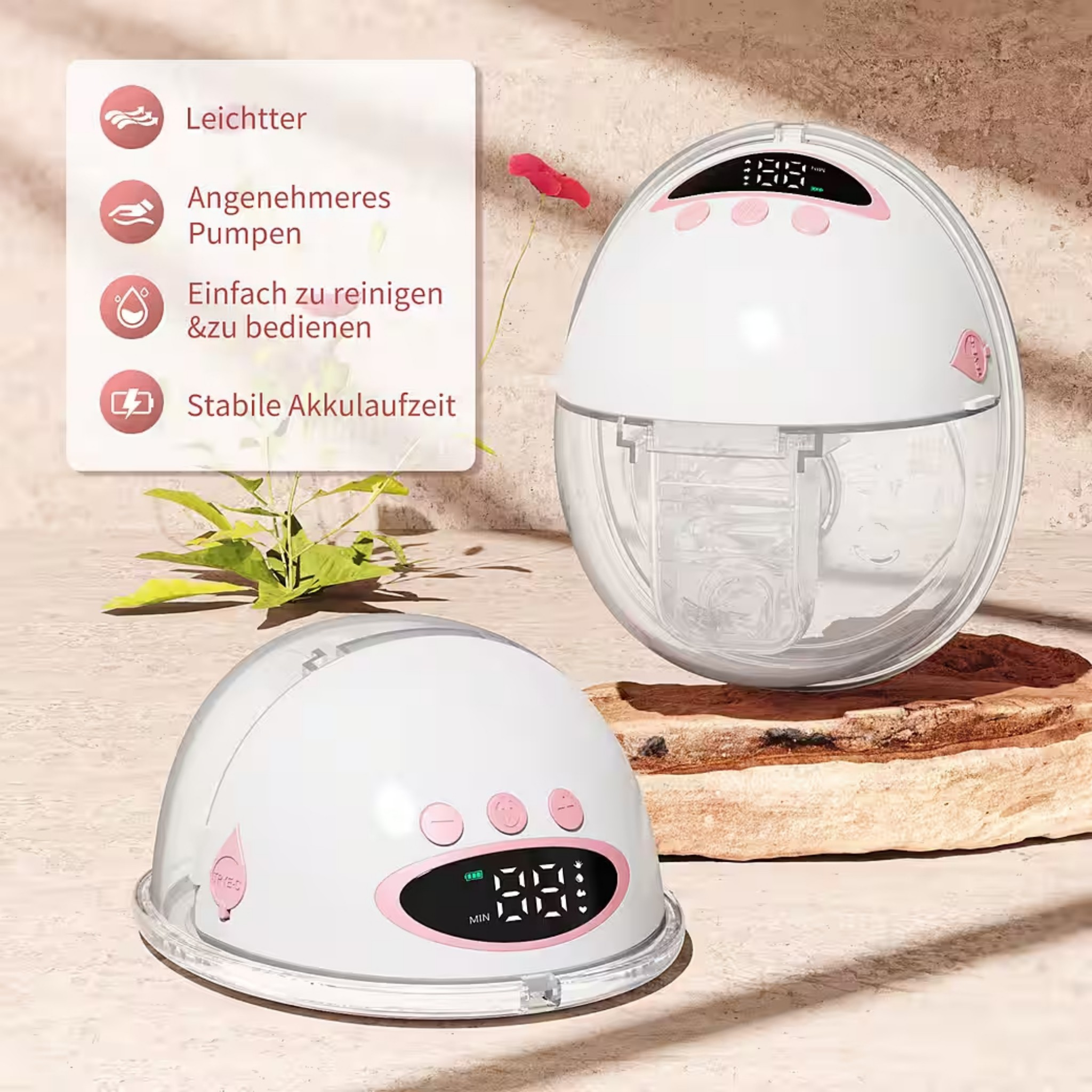Zwei weiße Milchpumpen mit rosa Akzenten auf einem hellen Hintergrund.