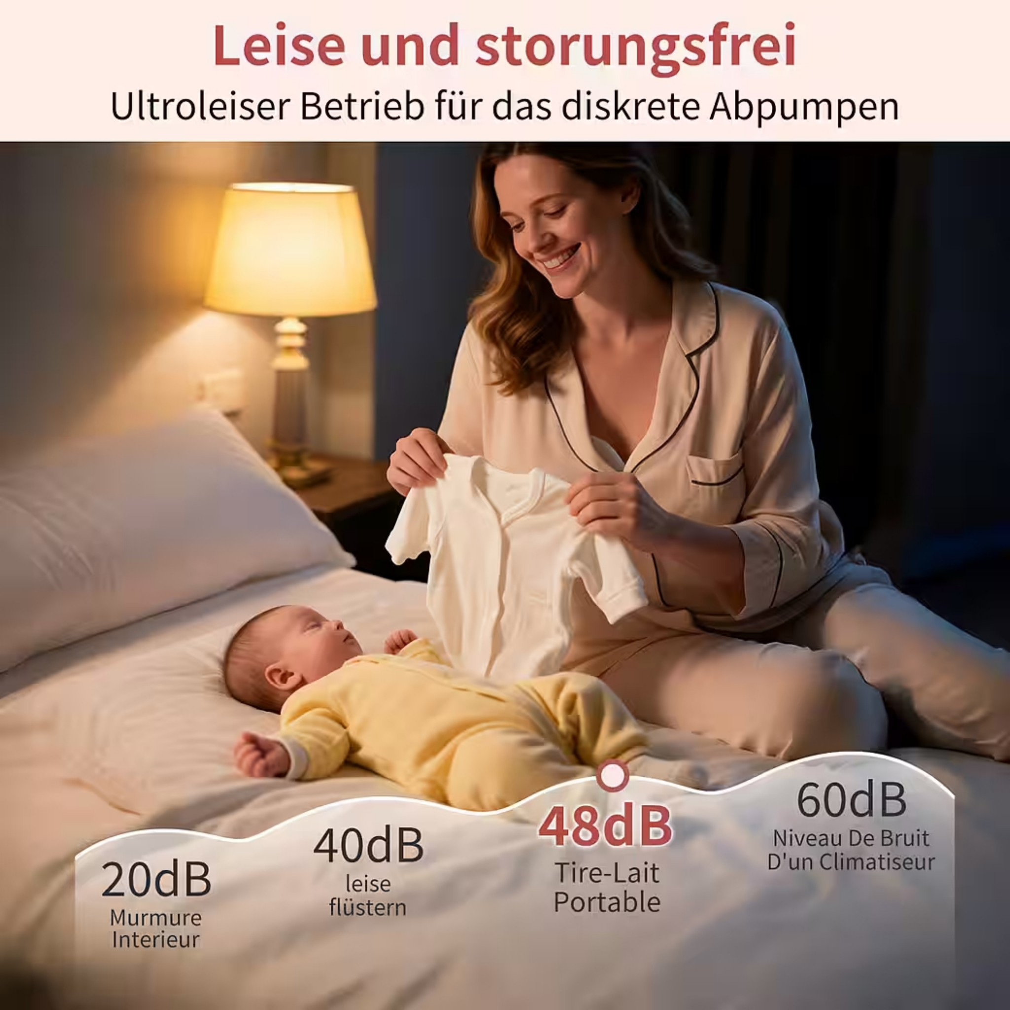 Mutter hält weiße Babykleidung neben schlafendem Baby im Bett. Schallpegel angezeigt.