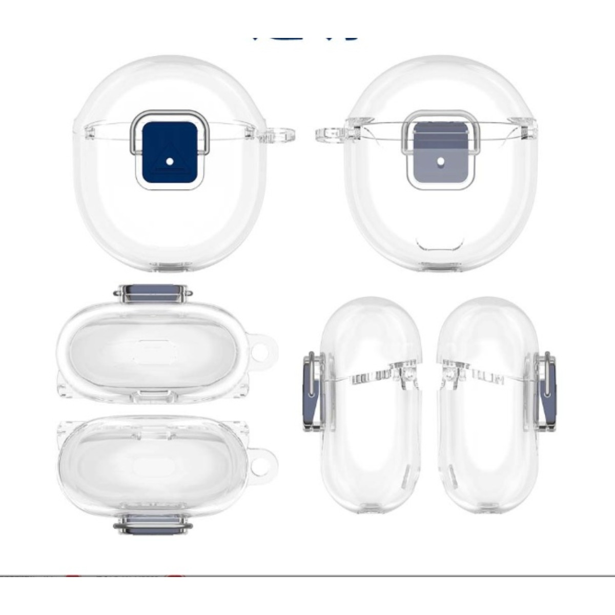 Quattro custodie protettive trasparenti con chiusure blu. Due custodie aperte, due chiuse.