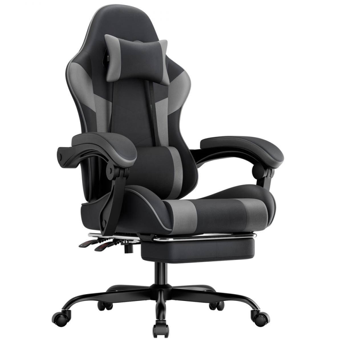 Ein schwarzer und grauer Gaming-Stuhl mit Nacken- und Lendenkissen und ausziehbarer Fußstütze.