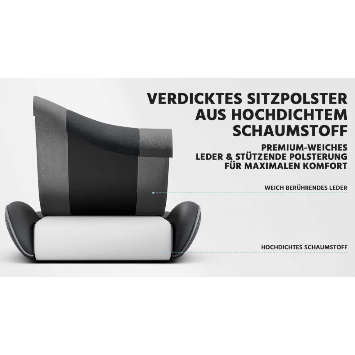 Grauer Autositz mit weißem Polster. Beschriftung erklärt Materialien.