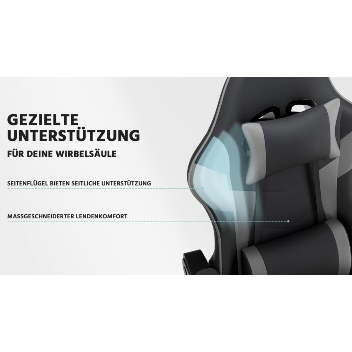 Schwarzer Gamingstuhl mit blauer Lendenwirbelstütze und Text.