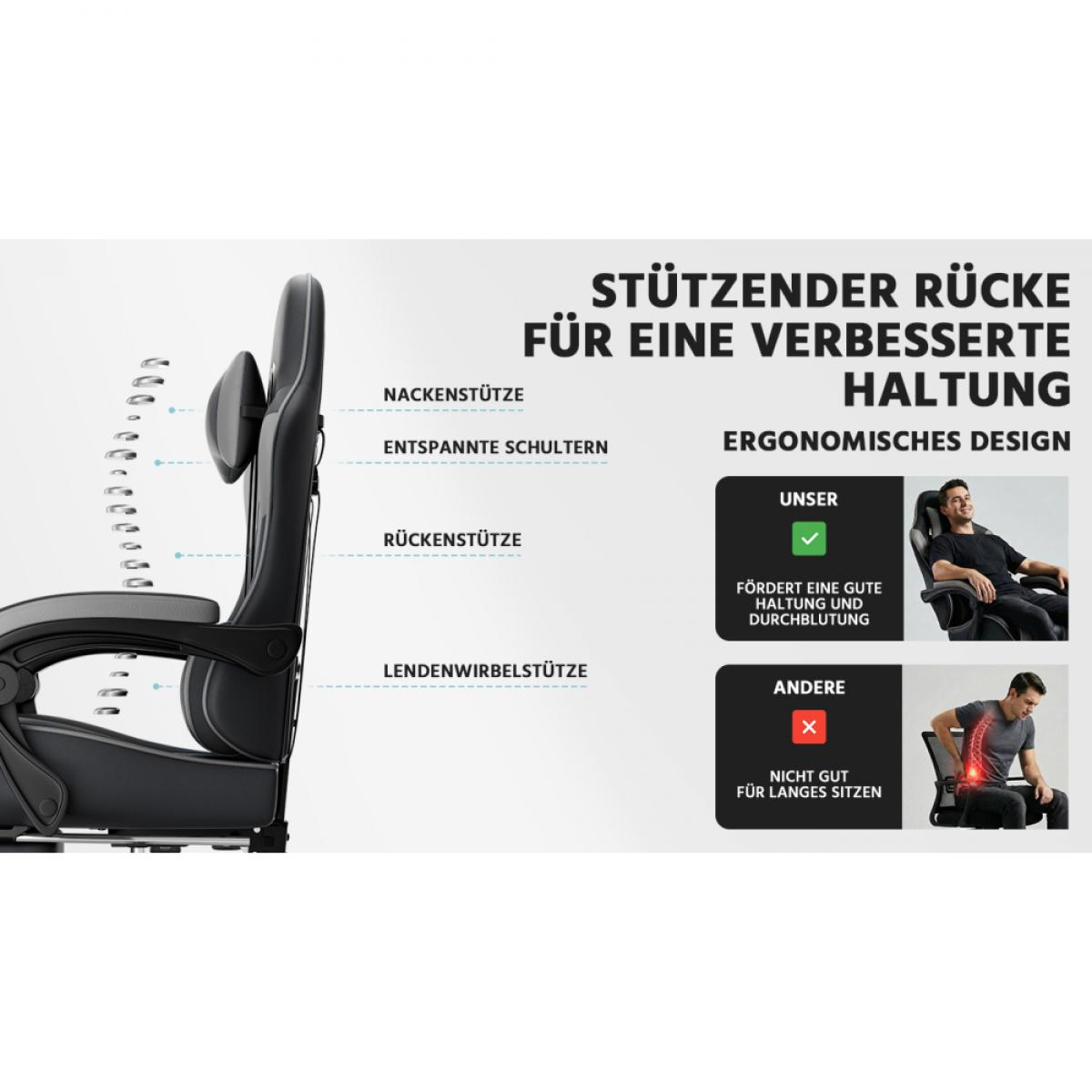 Ergonomischer Stuhl mit Nacken-, Rücken- und Lendenwirbelstütze.
