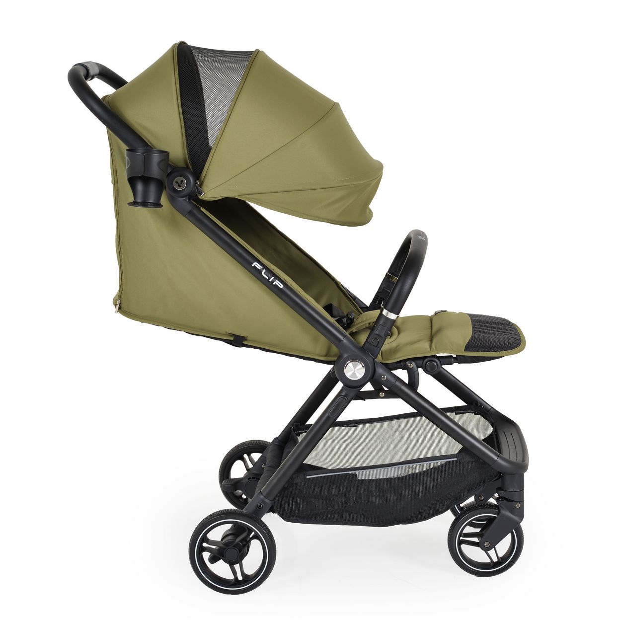 Ein olivgrüner Kinderwagen mit schwarzem Rahmen und Rädern.