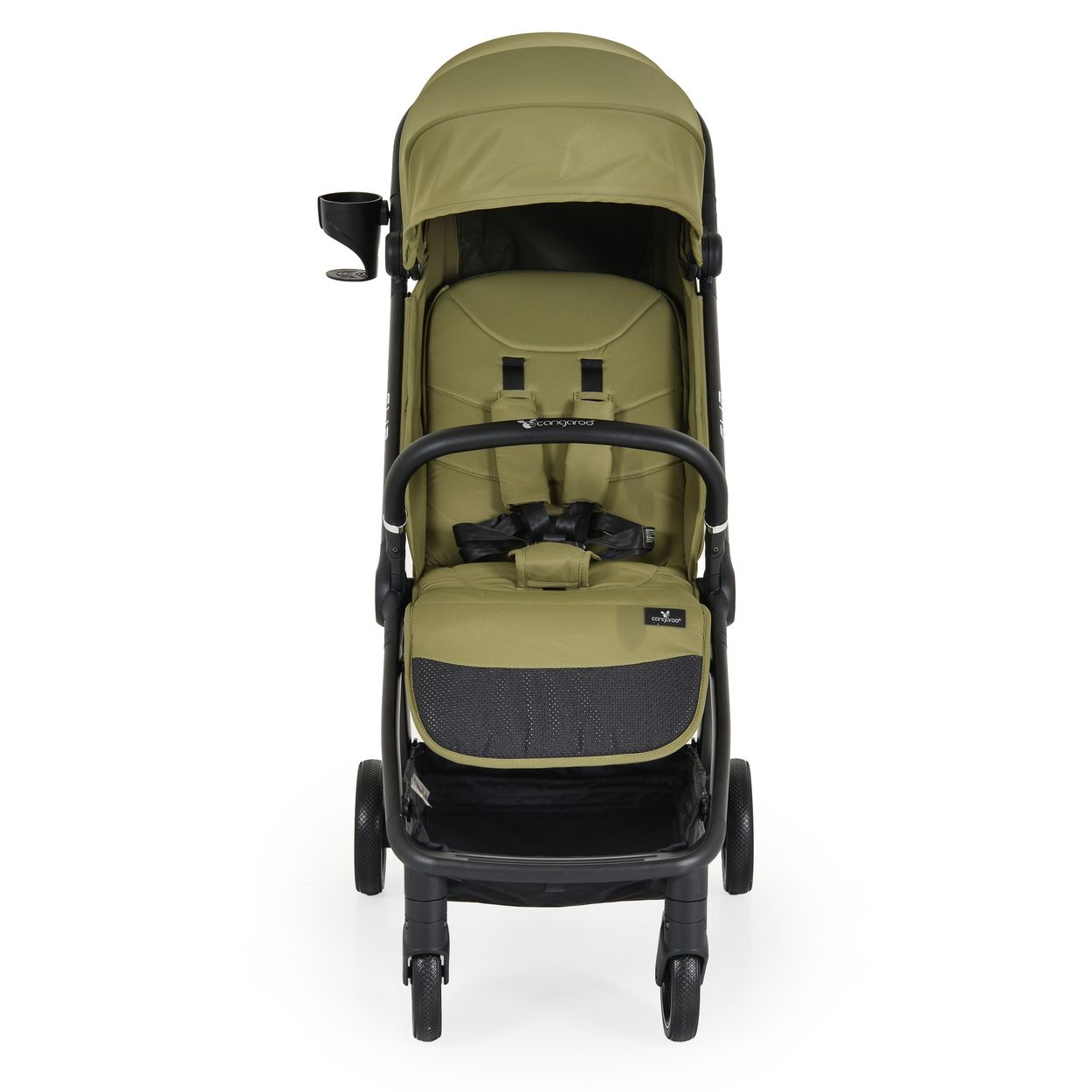 Ein khaki Kinderwagen mit schwarzem Griff, Gurten und Becherhalter.