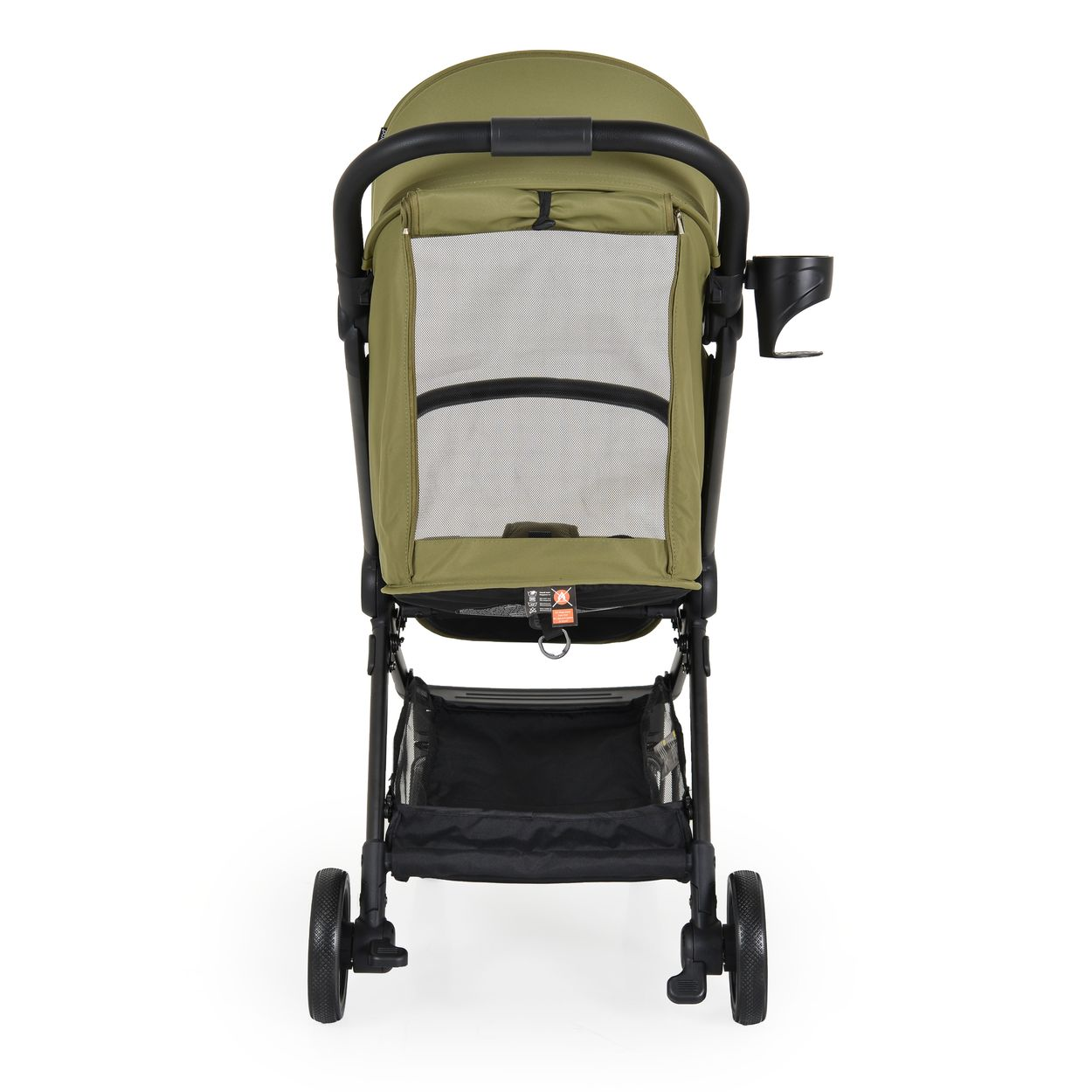 Ein olivgrüner Kinderwagen mit schwarzem Gestell, Netzfenster und Einkaufskorb.