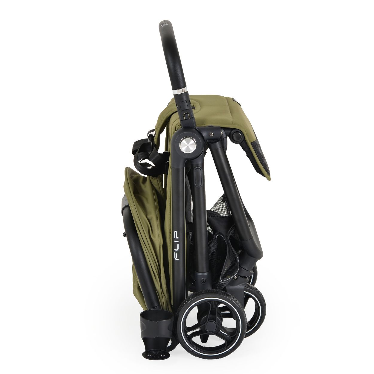Ein zusammengeklappter dunkelgrüner Kinderwagen mit schwarzem Griff und Rädern.